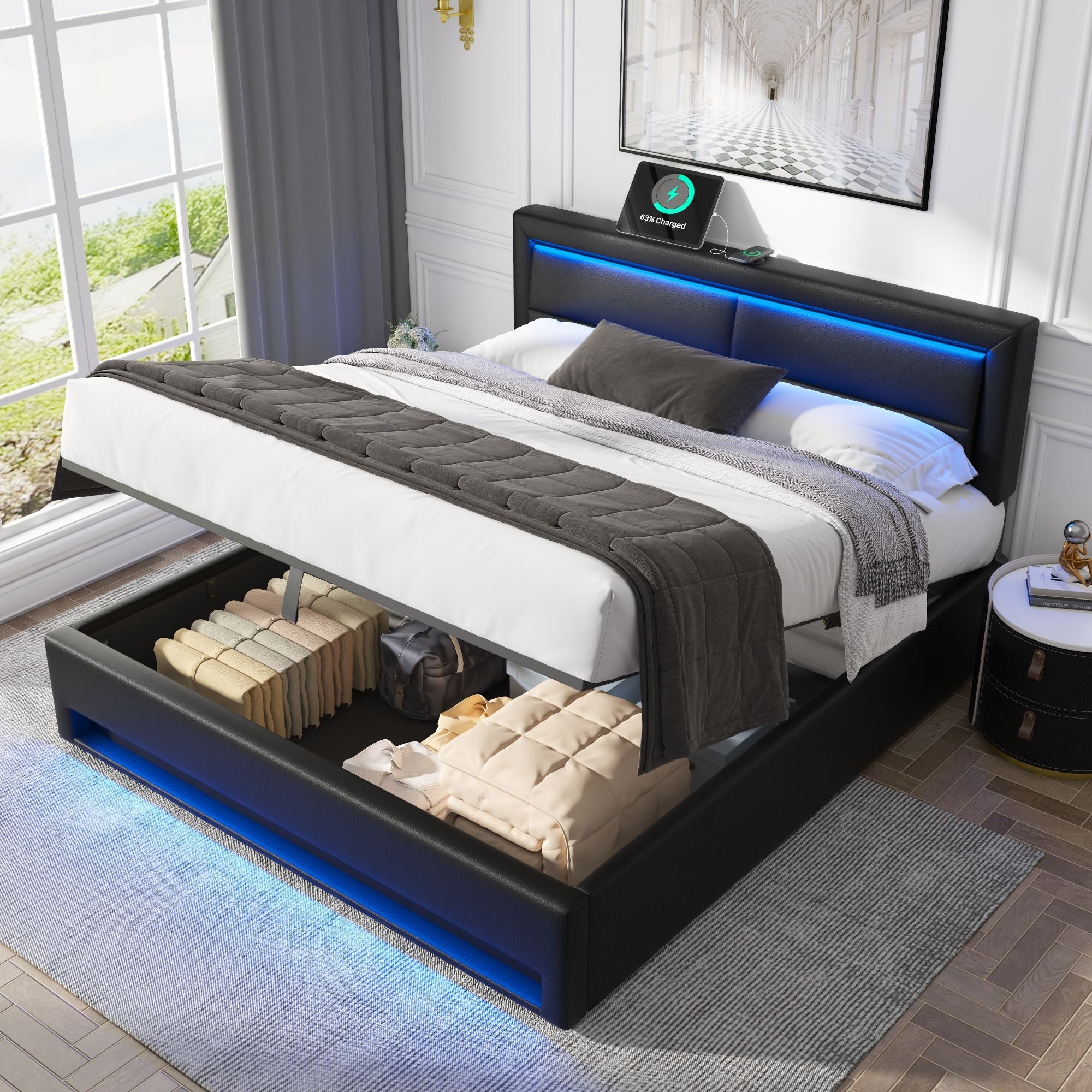 Logidon upholstered bed 140x200 black LED USB charging port storage space
