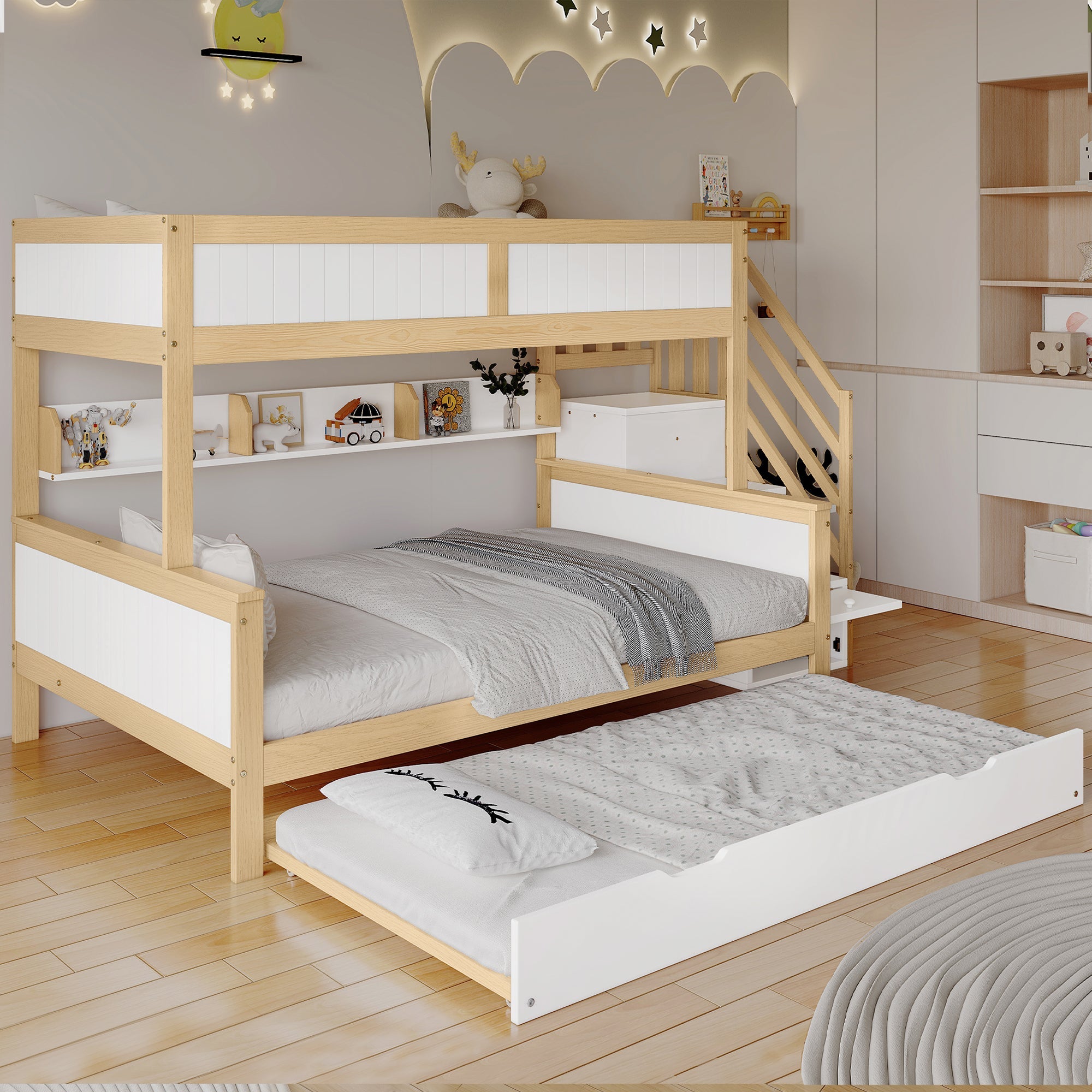 Logidon stapelbed naturel raster hoektrap onderschuifbed 90x200 120x200