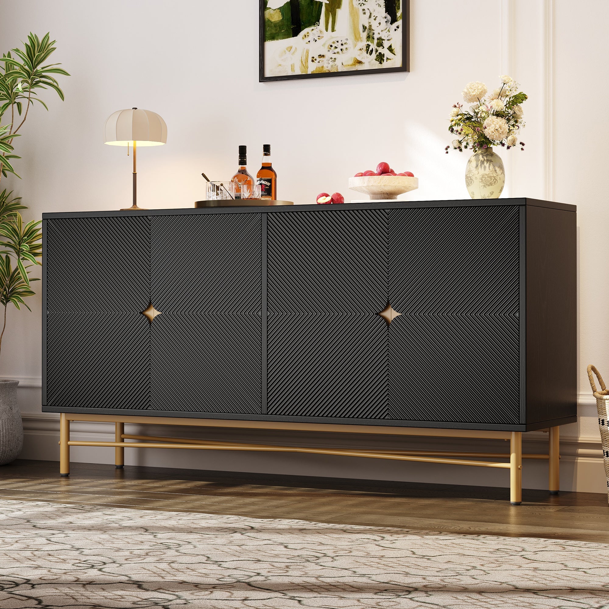 Logidon dressoir luxe structuur 160×40×82 cm zwarte hoogglans poten