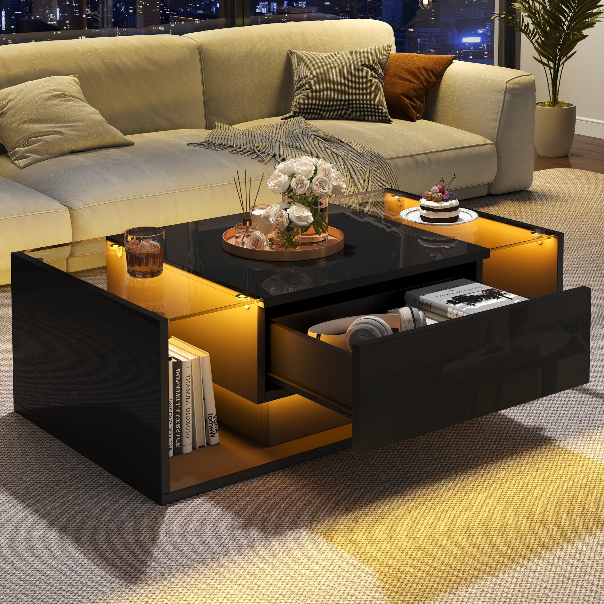 Logidon Zwarte hoogglans salontafel 100x50x31 cm met lade LED lichtstrip