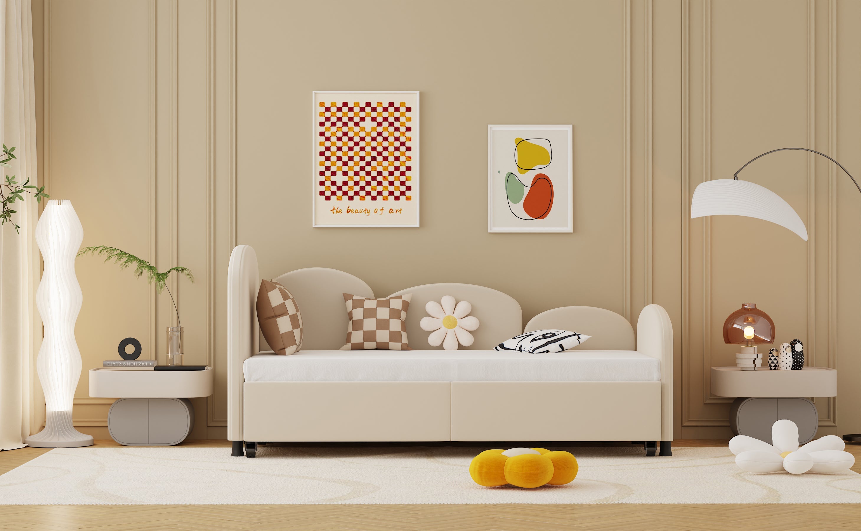 Logidon 2-persoonsbed, gestoffeerd met lades fluweelbeige