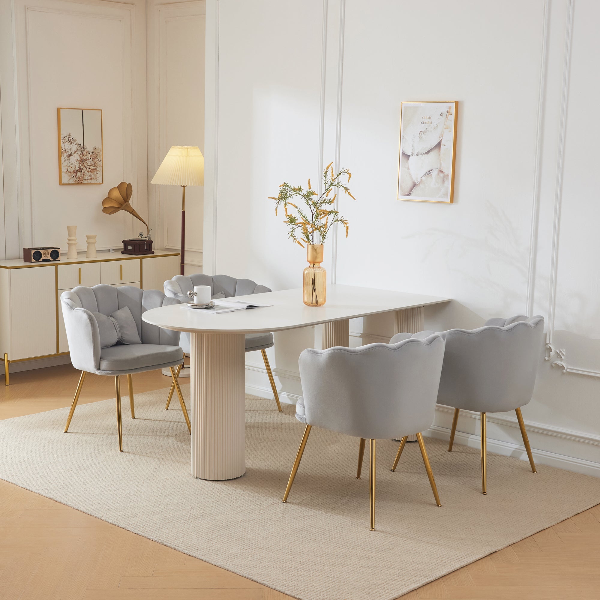 Logidon Four Modern Velvet Chairs Gray With Leaf Back Gold Legs