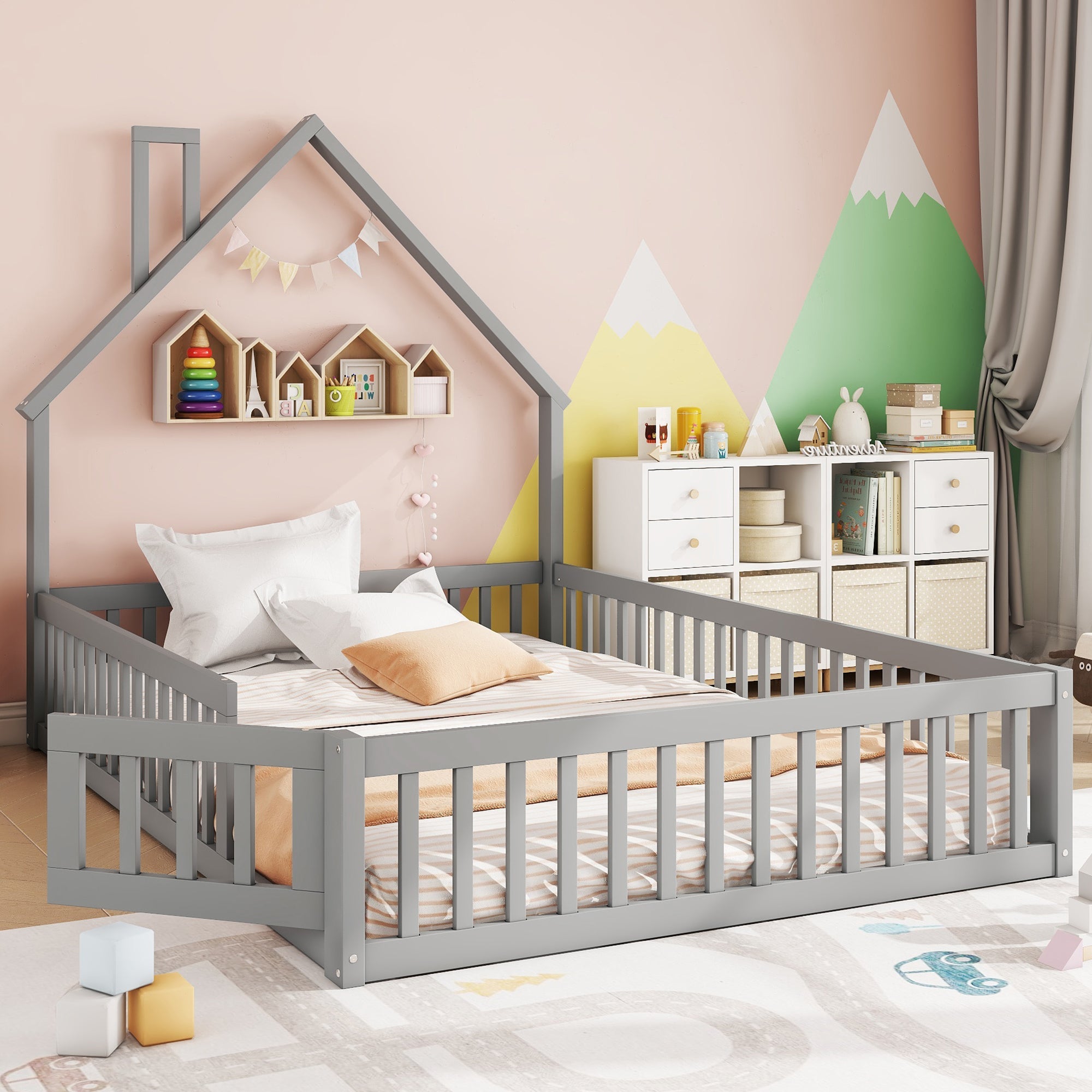 Logidon gestoffeerd bed 140x200 grijs kinderbed in schouwvorm