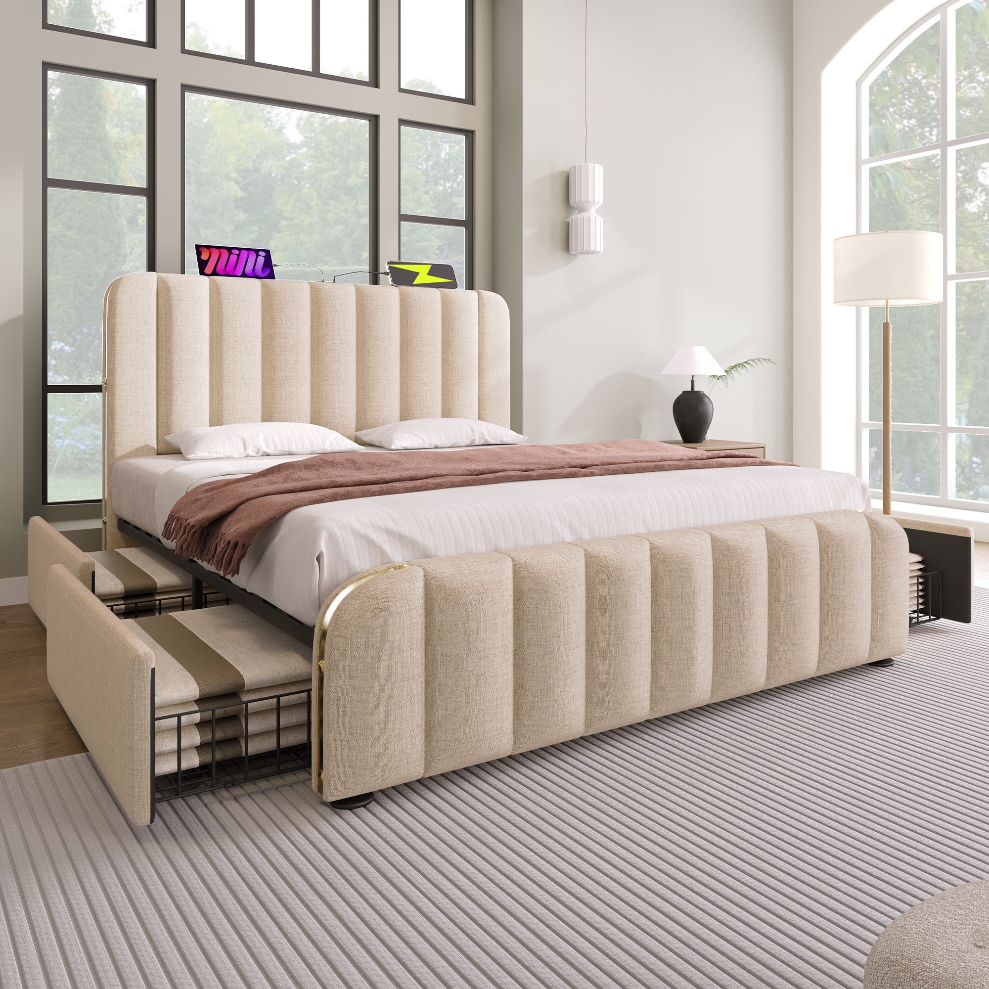 Logidon gestoffeerd bedhoofdeinde USB C oplaadfunctie 140x200 beige linnen