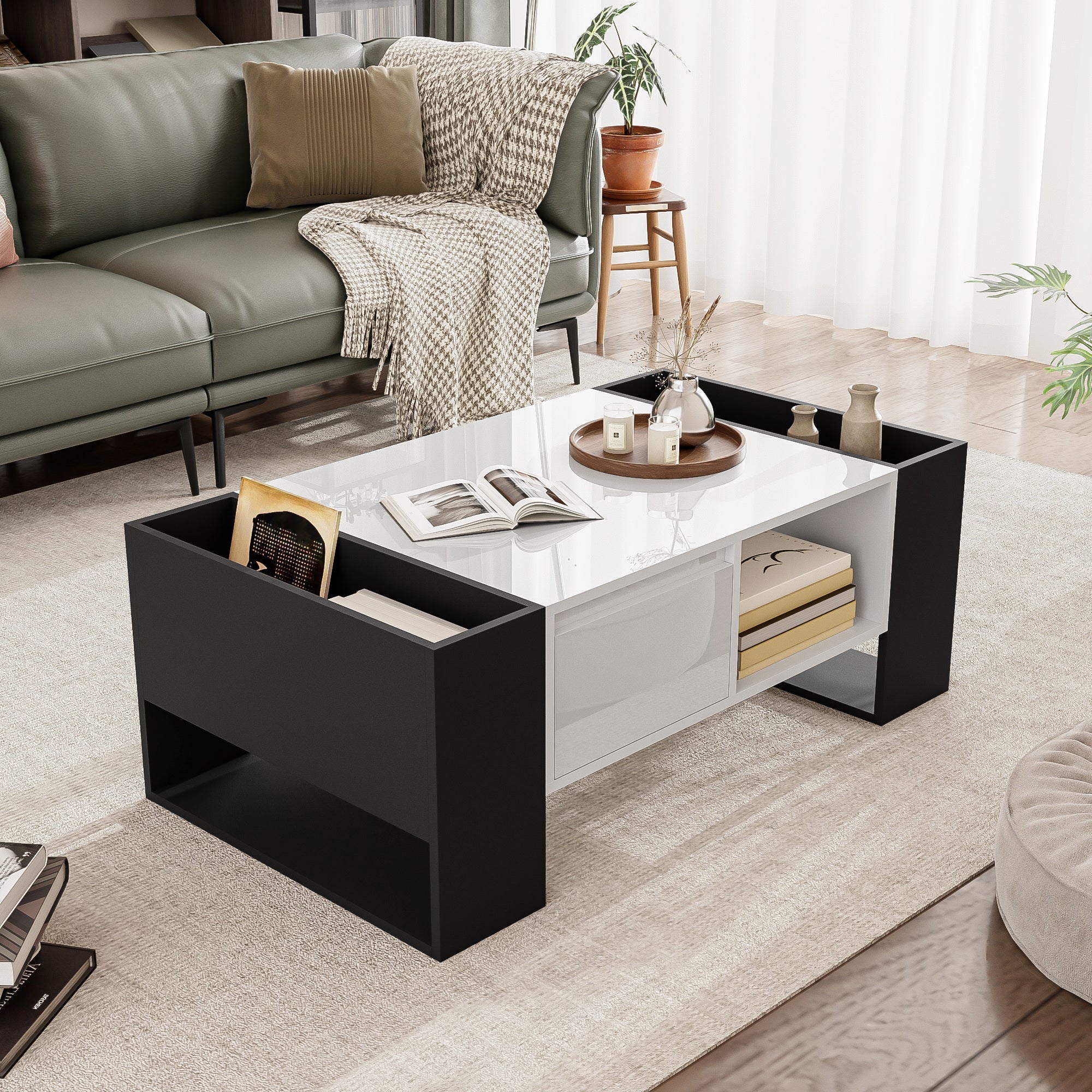 Logidon Moderne salontafel 105x60x40,5 cm hoogglans zwart en witte lade