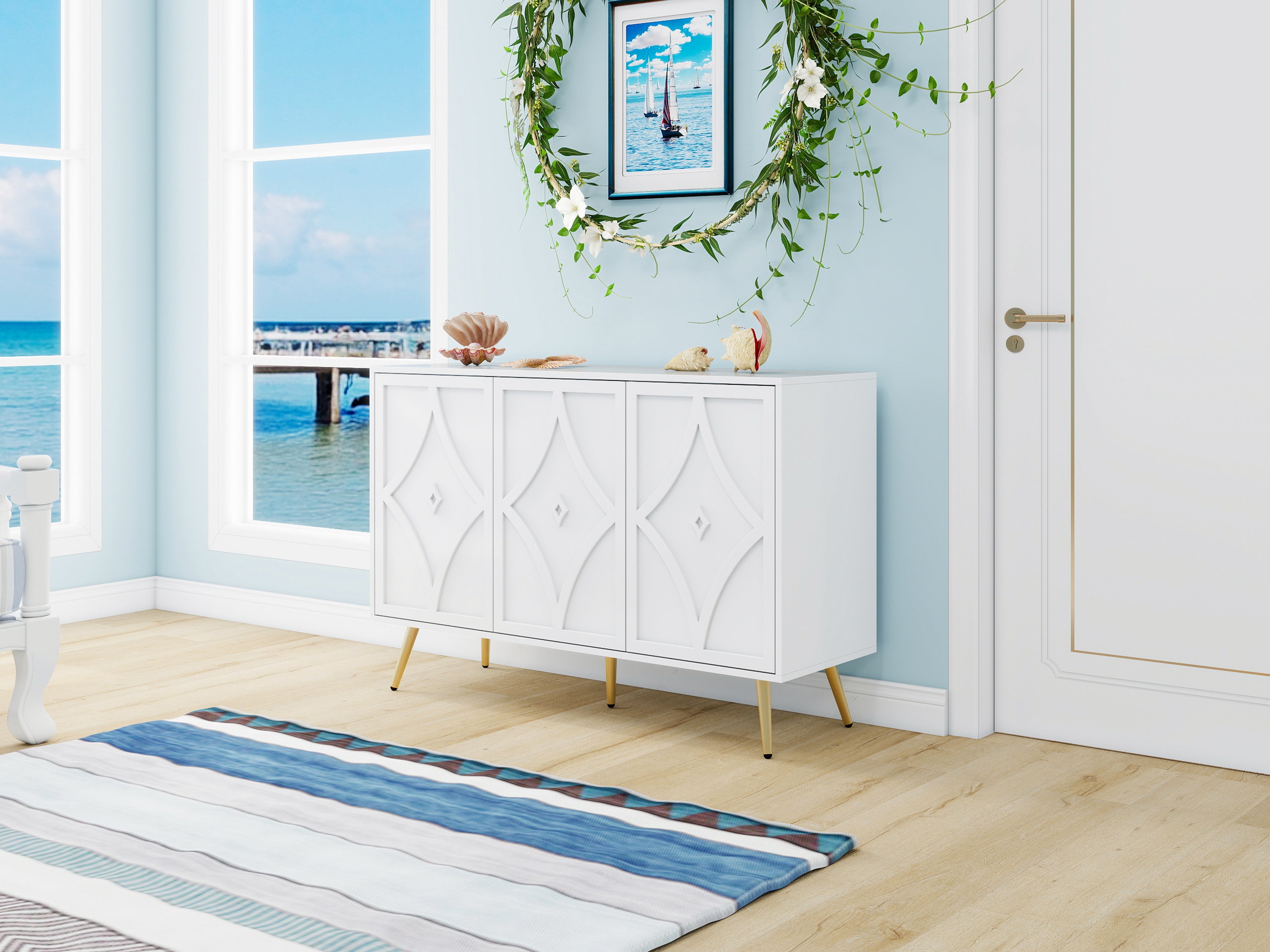 Logidon dressoir 3 deuren wit met 3D-snijpatroon en gouden poten