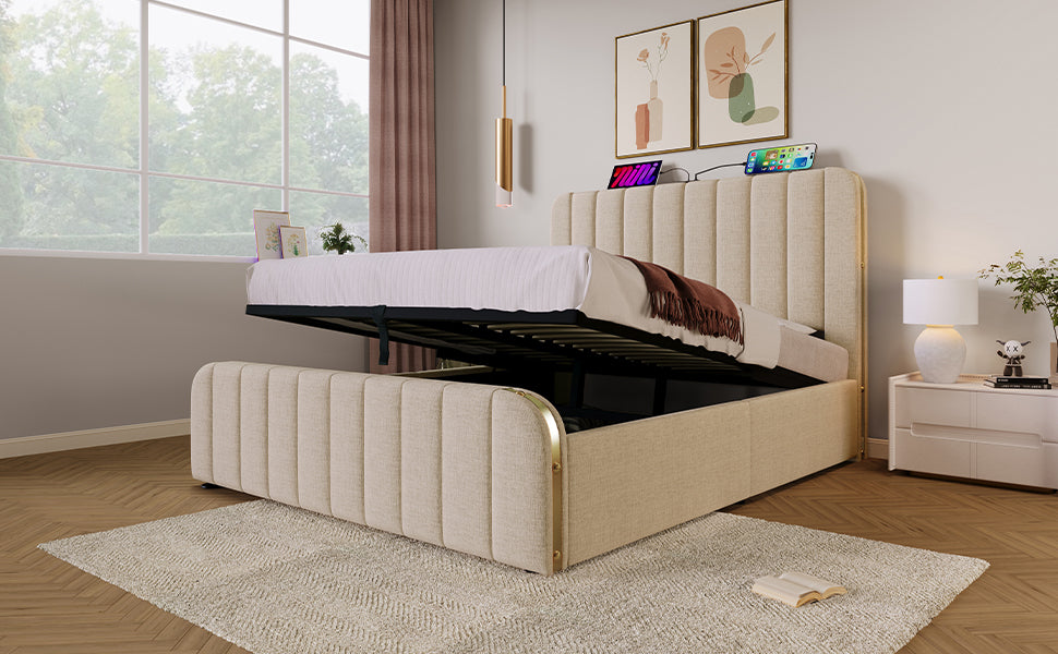 Logidon upholstered bed 140x200 golden decorative stripes headboard beige