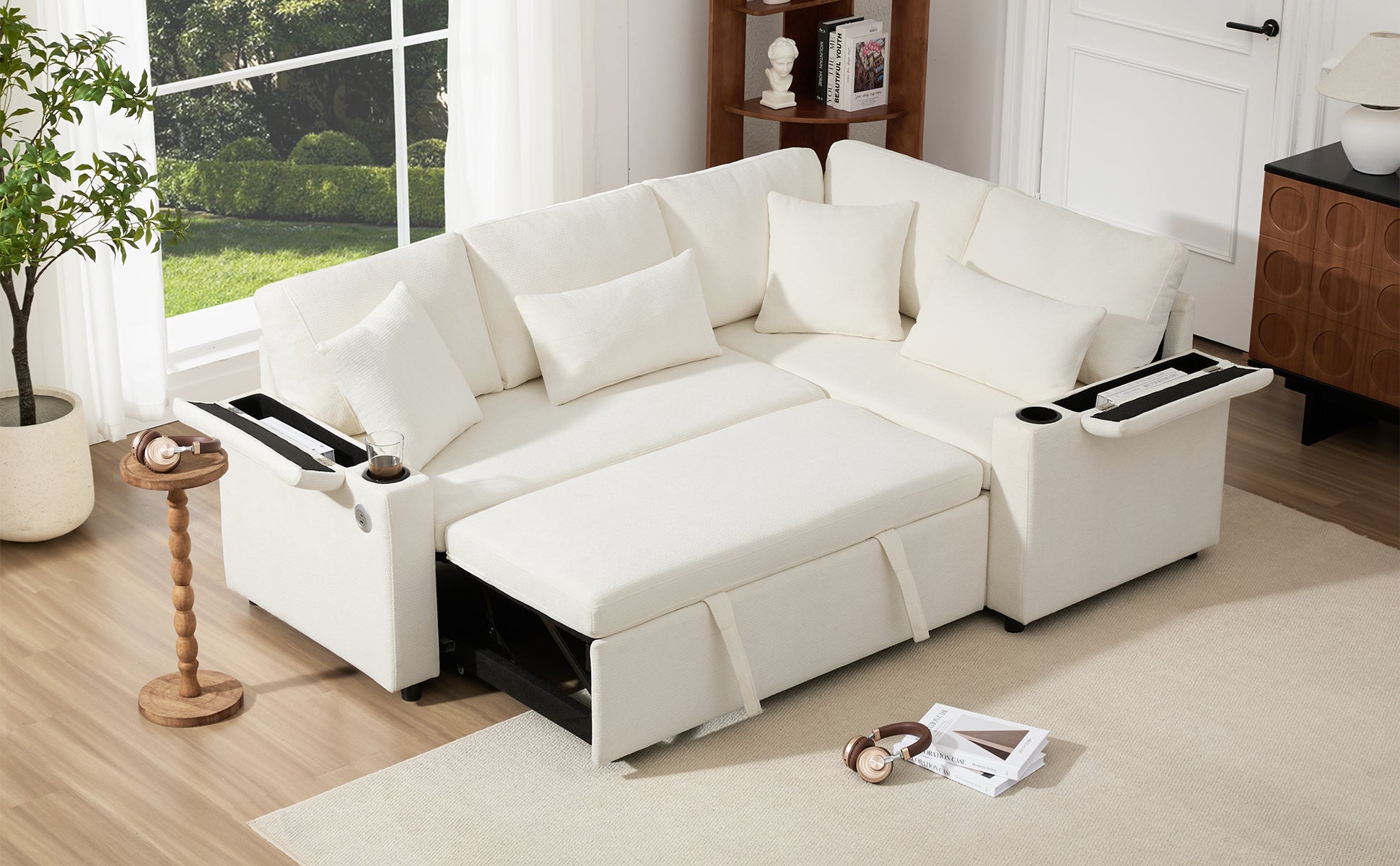 Logidon L-vorm hoekbank beige slaapbank opbergruimte USB-oplaadpoort