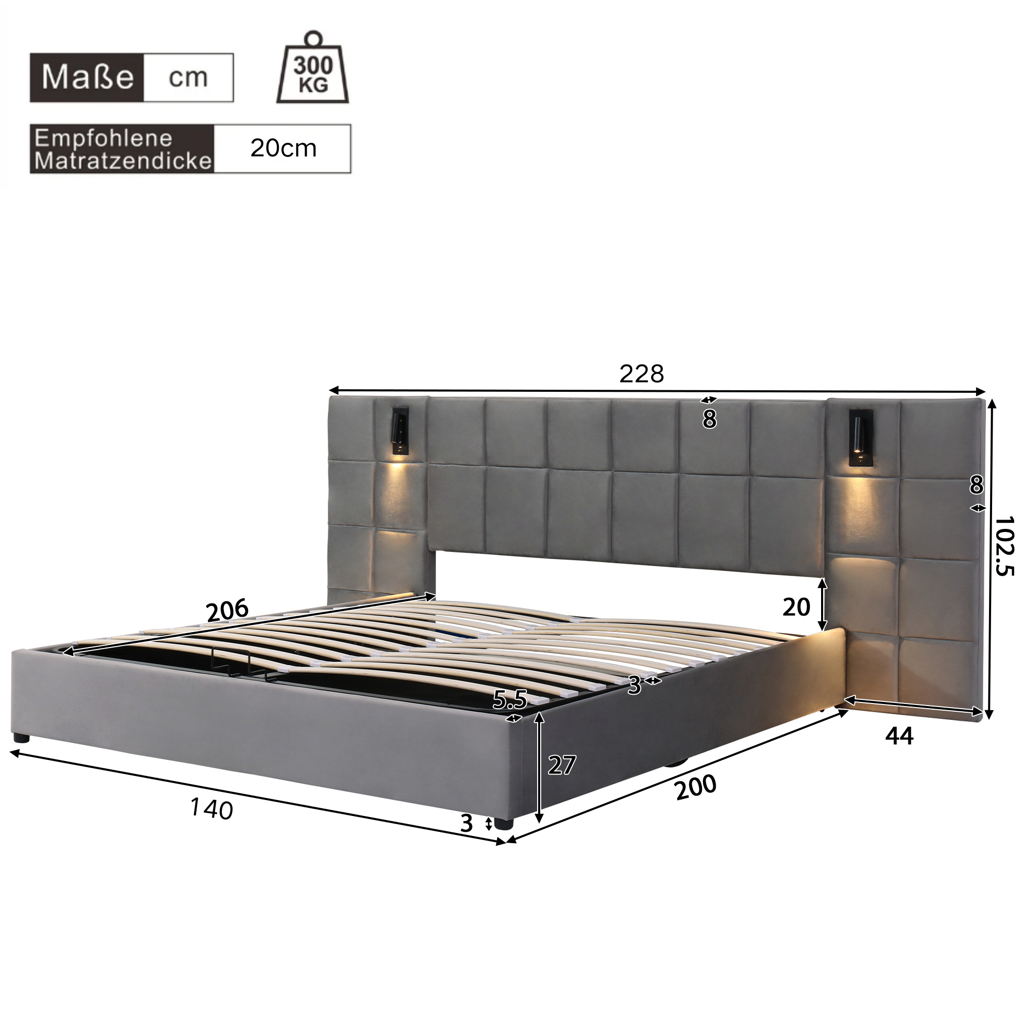 Logidon gestoffeerd bed 140x200 grijs hydraulische opbergruimte USB-leeslamp