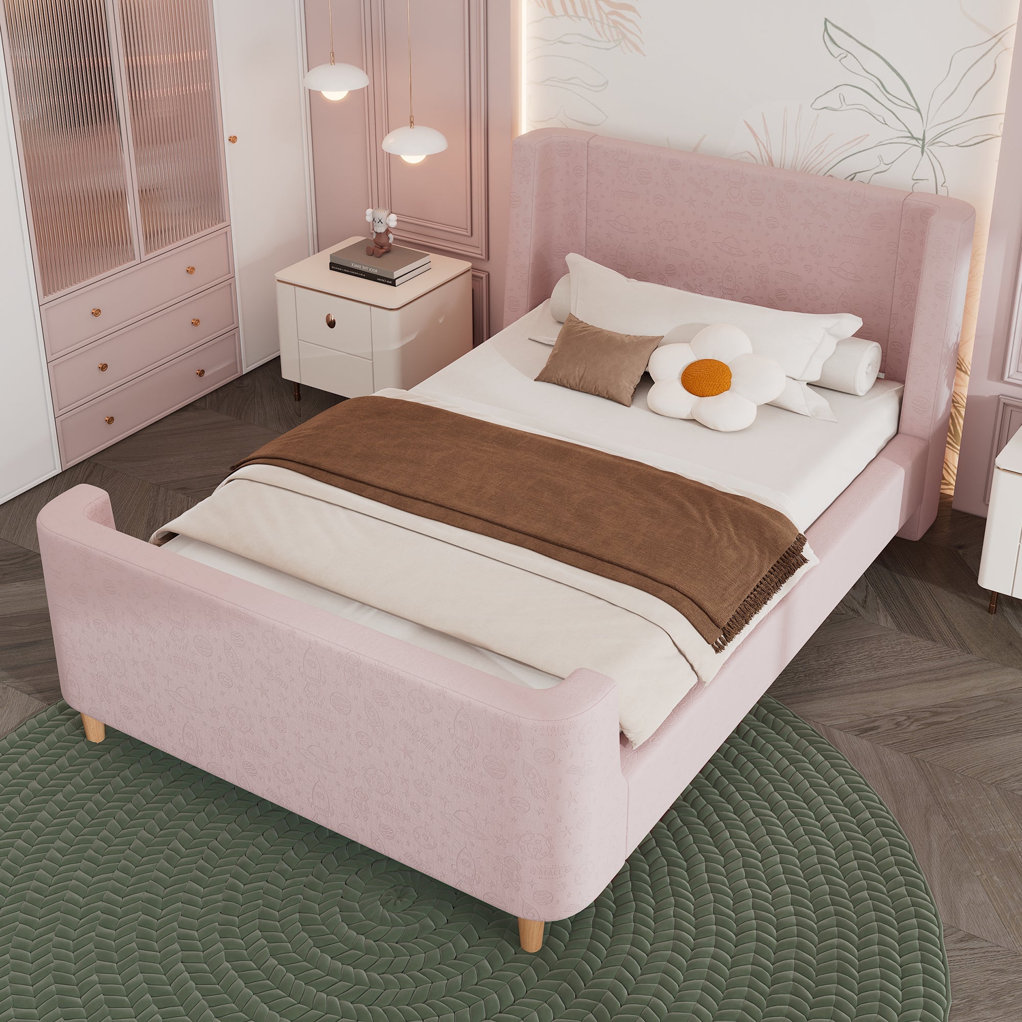Logidon kinderbed gestoffeerd bed 90x200 roze fluweel sleebed Kosmos