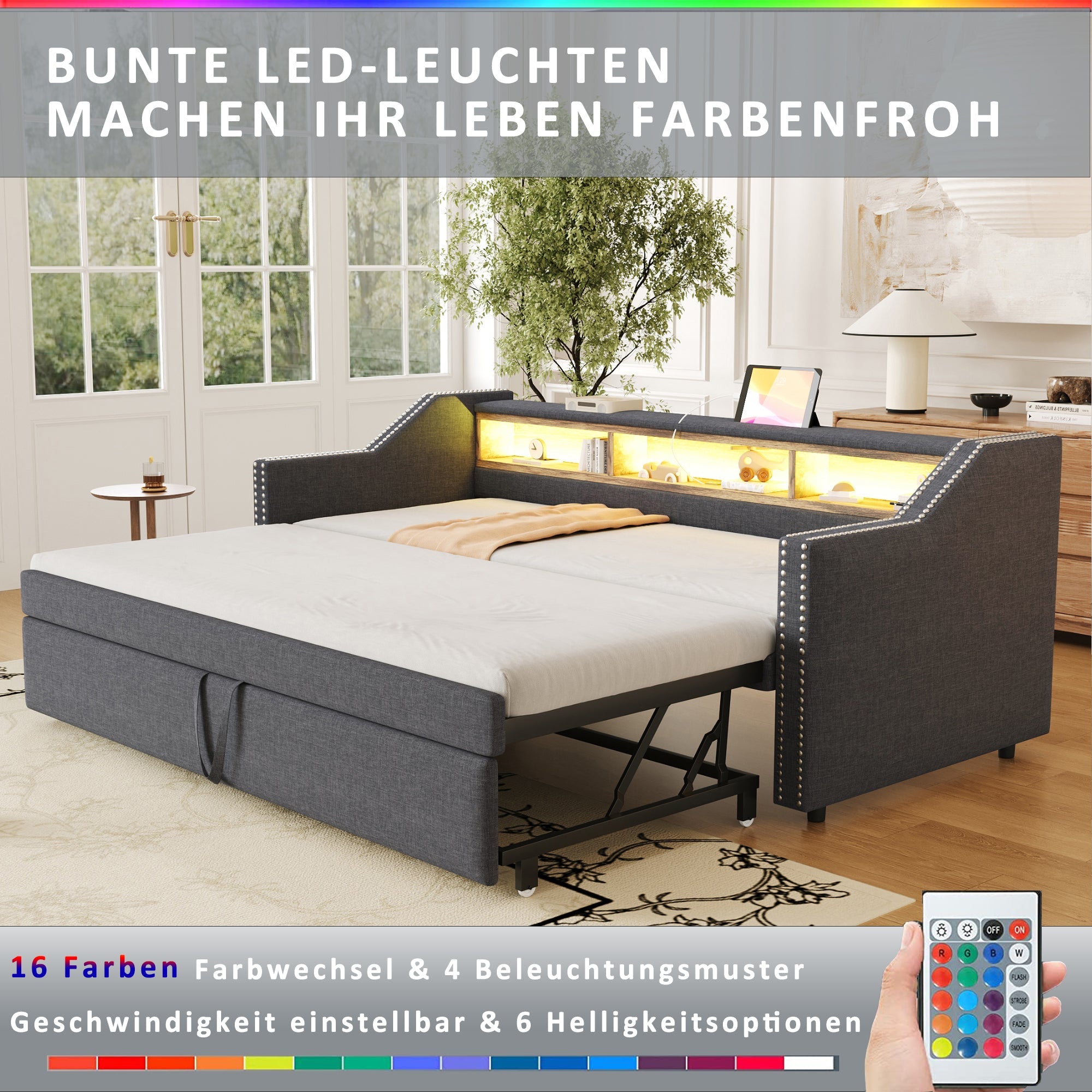 Logidon uitschuifbare slaapbank 90/180x190 cm donkergrijs LED USB