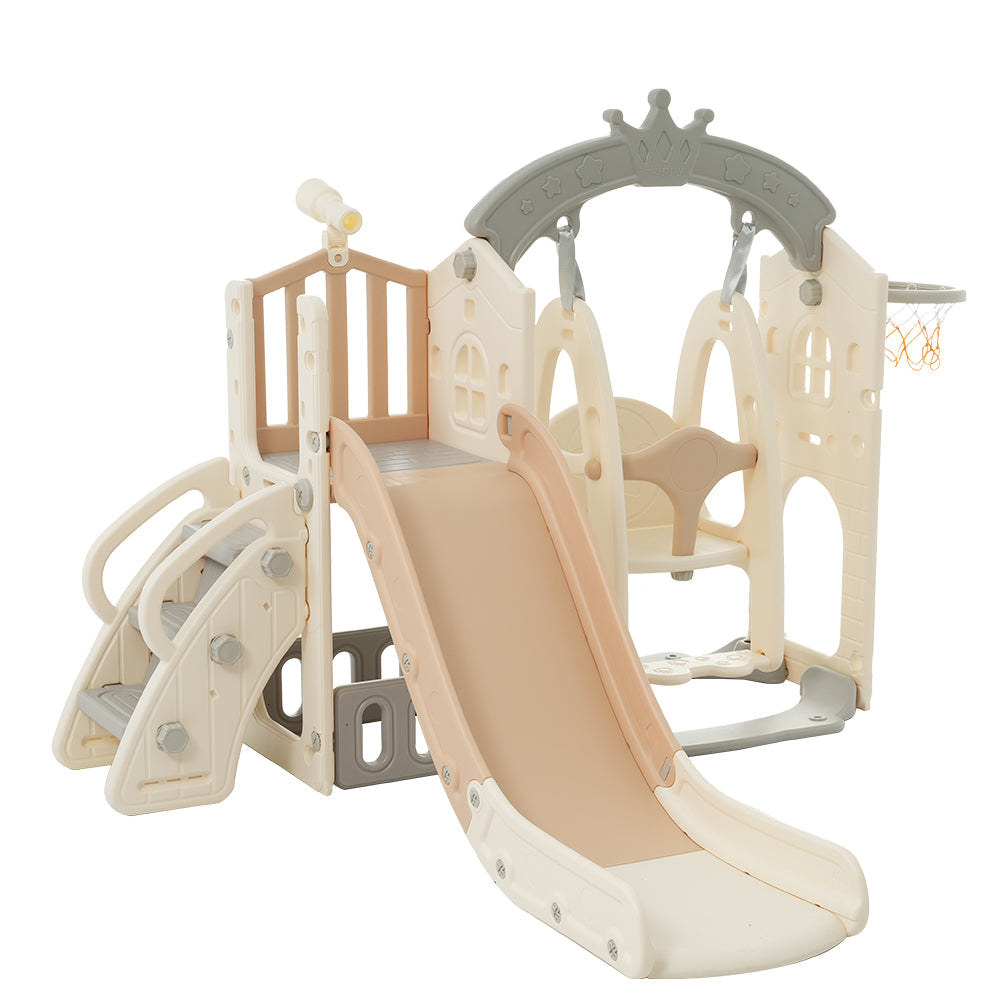 Logidon 5-in-1 kinderspeelset bruin antiek wit schommelglijbaan