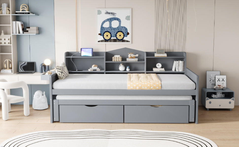 Logidon slaapbank 90x200 grijs met uitschuifbaar bed 90x190 USB