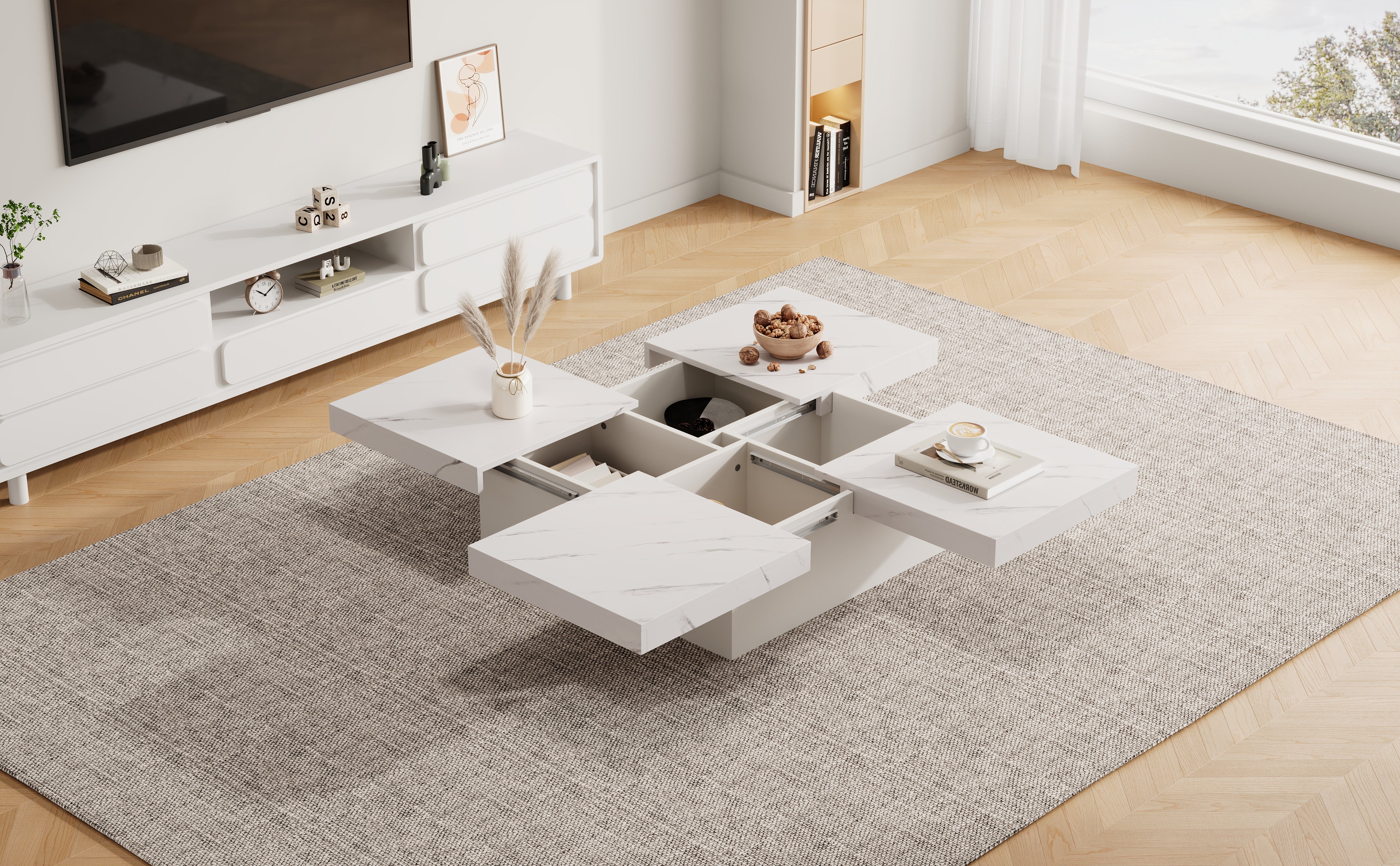 Logidon vierkante salontafel wit marmerlook 90x90x25 cm met lades