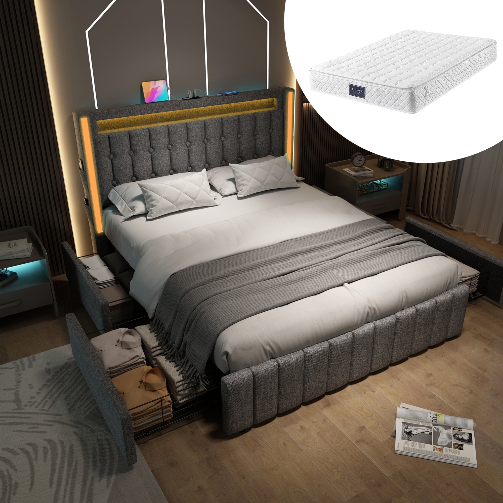 Logidon gestoffeerd bed 140x200 met USB C LED verlichting 4 vakken grijs