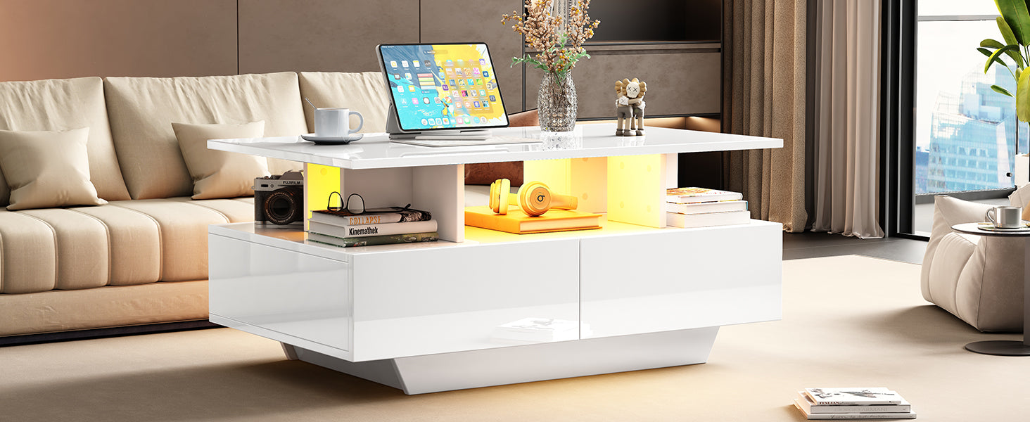Logidon hoogglans salontafel LED, 2 lades, 90x55x41 cm wit