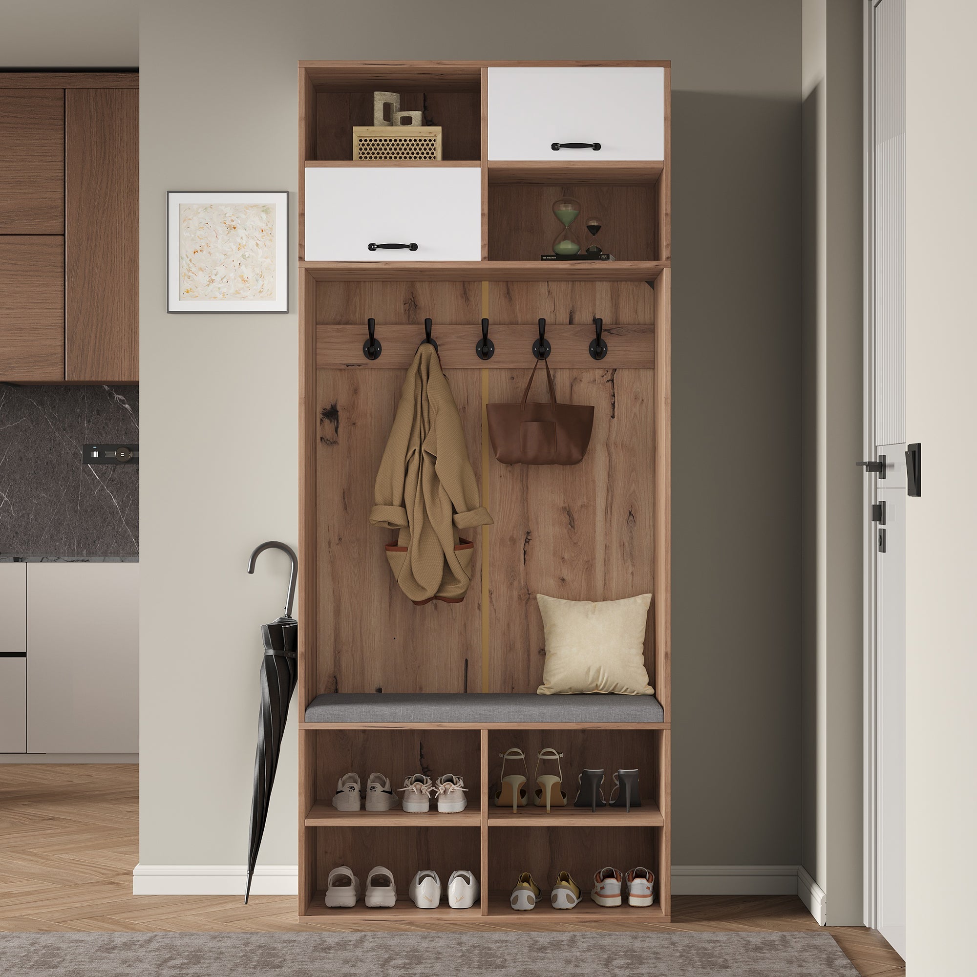 Logidon garderobekast met bank en 5 haken naturel wit 80x35x185cm