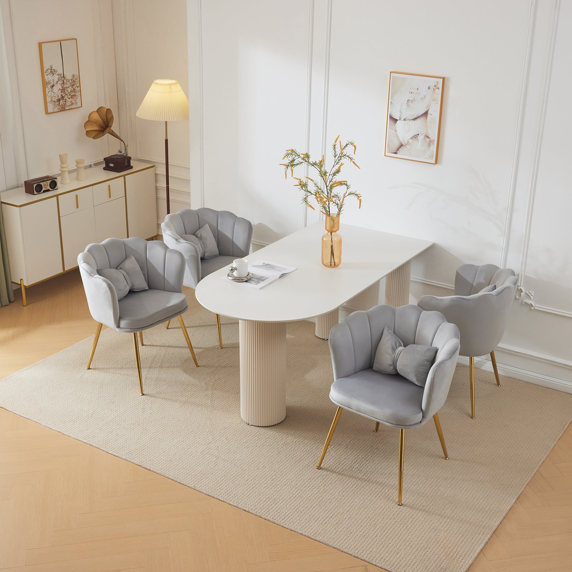 Logidon Four Modern Velvet Chairs Gray With Leaf Back Gold Legs