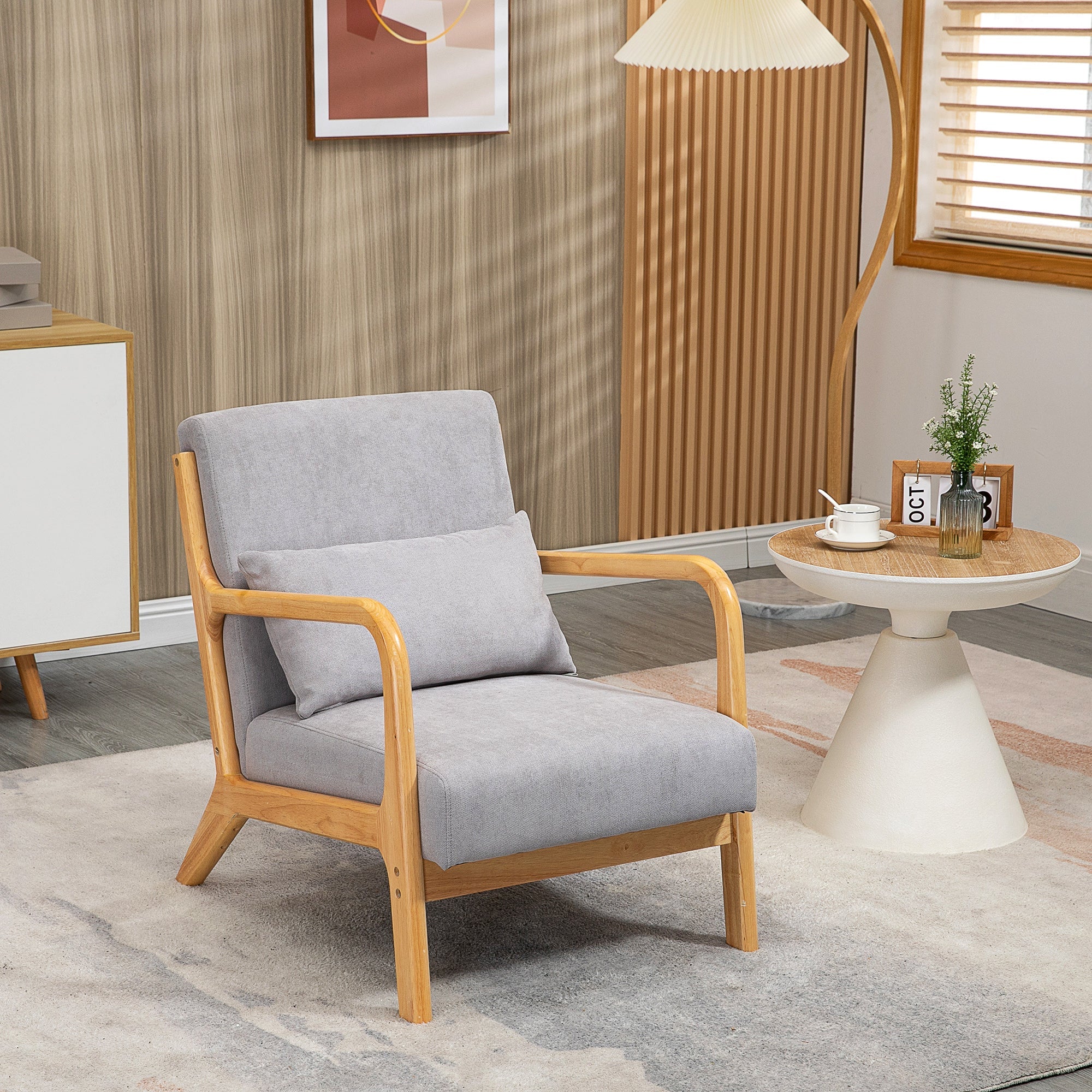 Logidon loungestoel grijs met armleuning en lendenkussen houten frame