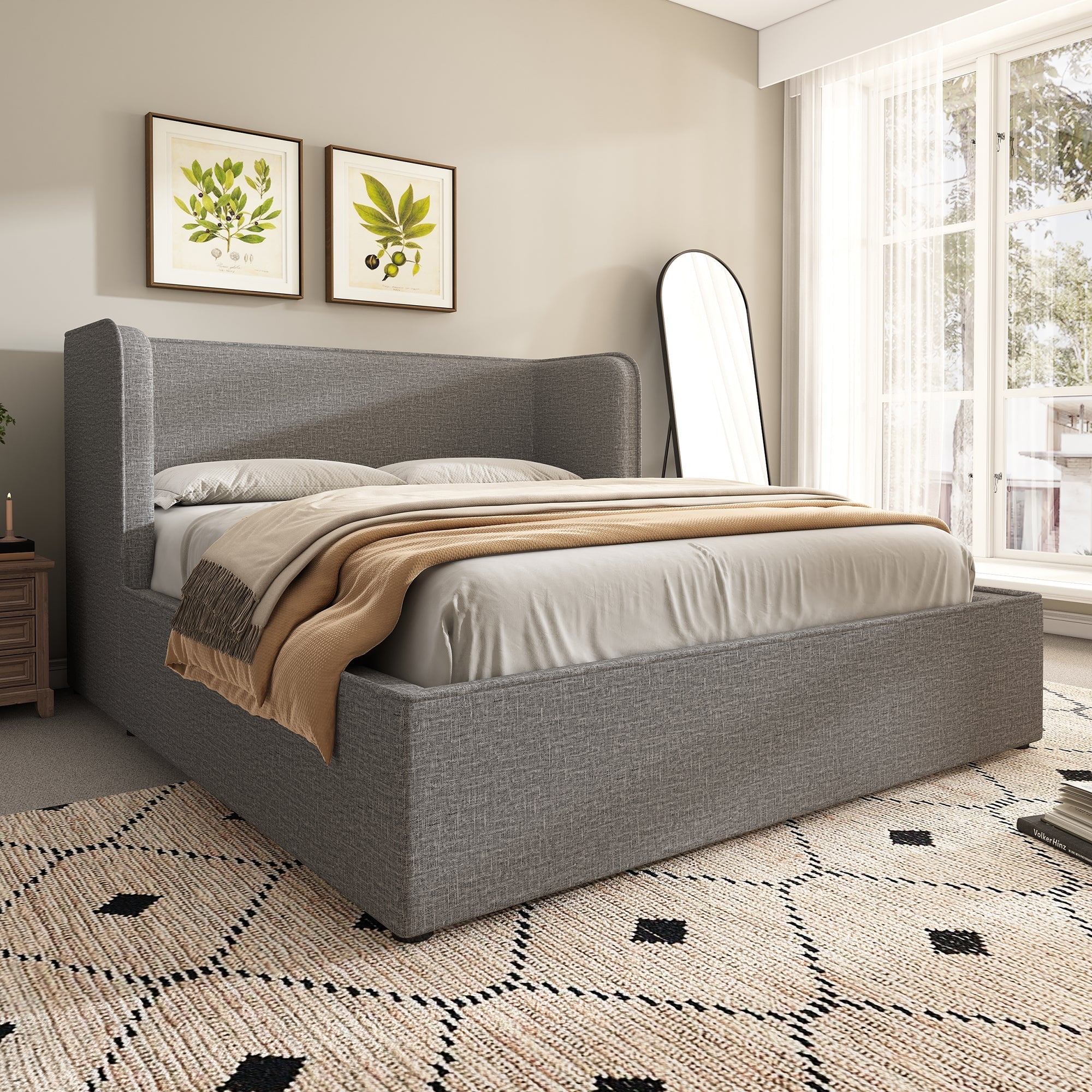 Logidon upholstered bed 160x200 with hydraulic storage space slatted frame gray