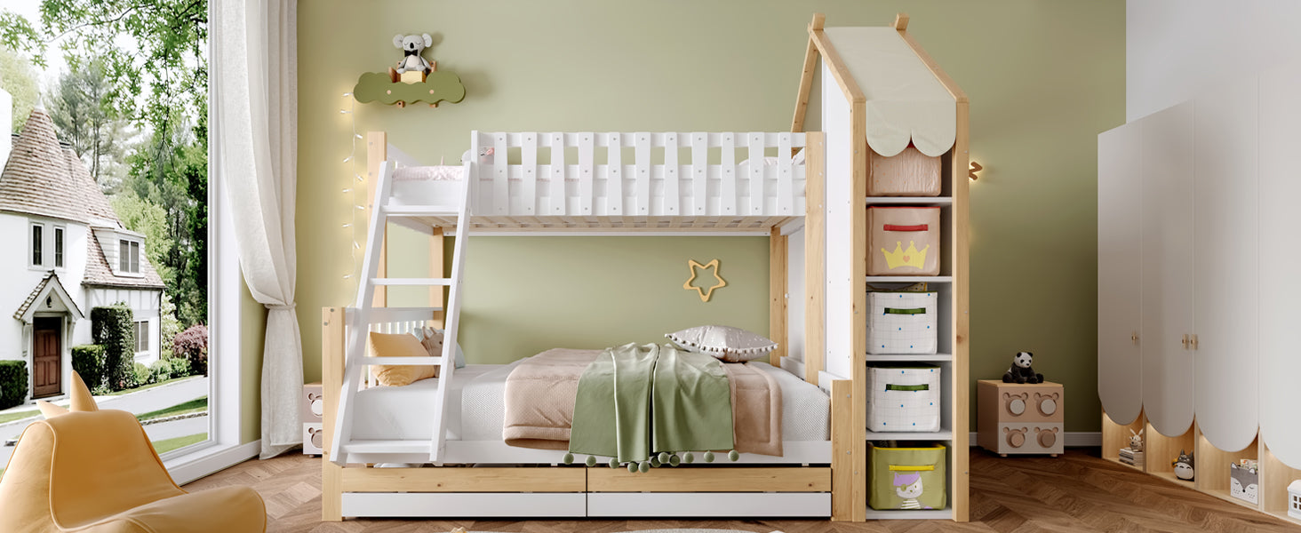 Logidon stapelbed 90x200 en 140x200 wit naturel met 2 lades