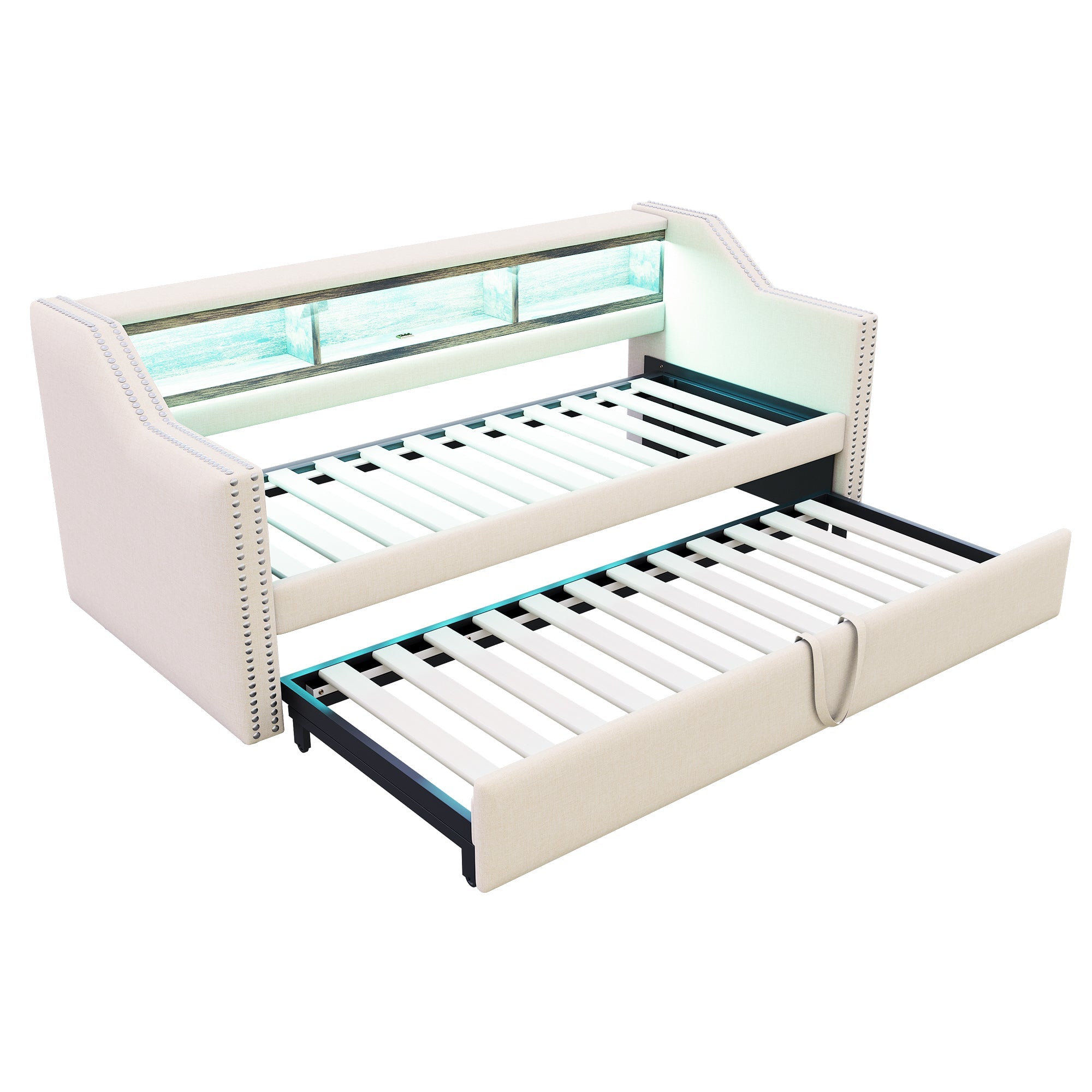 Logidon Upholstered Bed Extendable Sofa Bed 90/180 X 190 Beige Storage Compartment