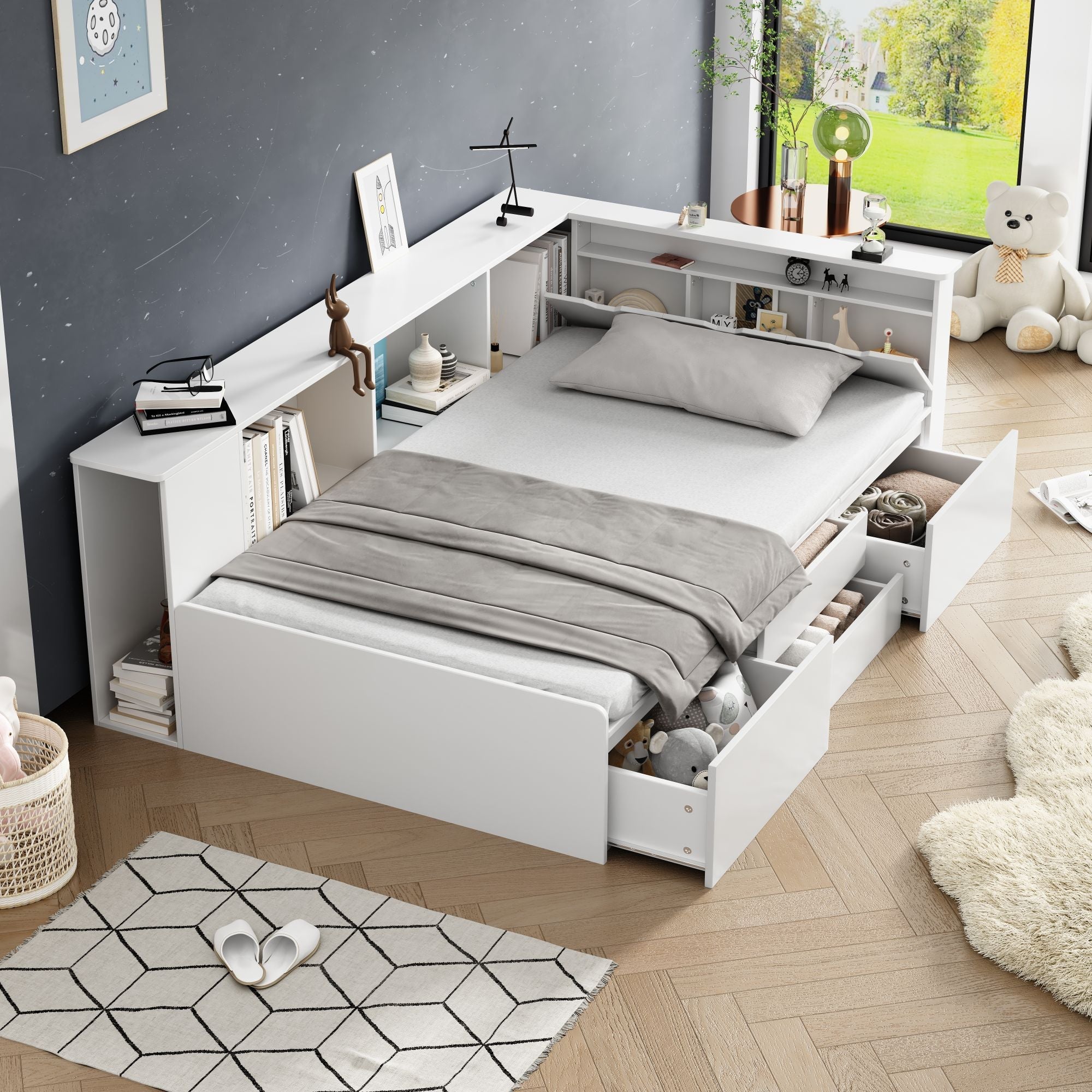 Logidon kinderbed 90x200 cm wit met opbergruimte en boekenkast