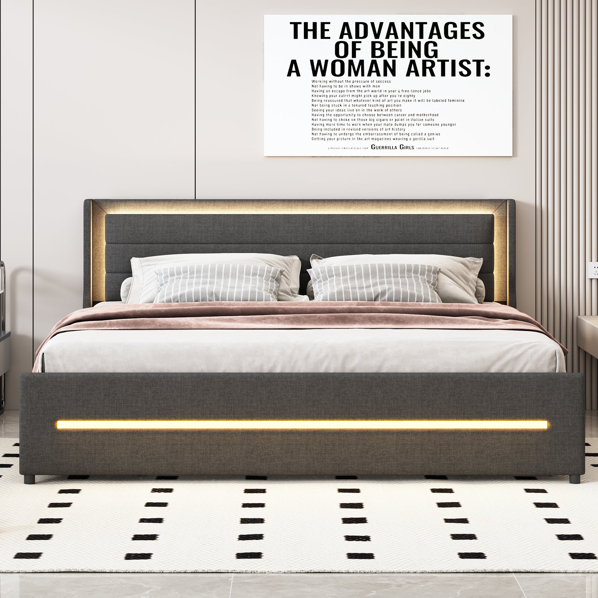 Logidon gestoffeerd bed 180x200 met LED verlichting en 4 opbergvakken grijs