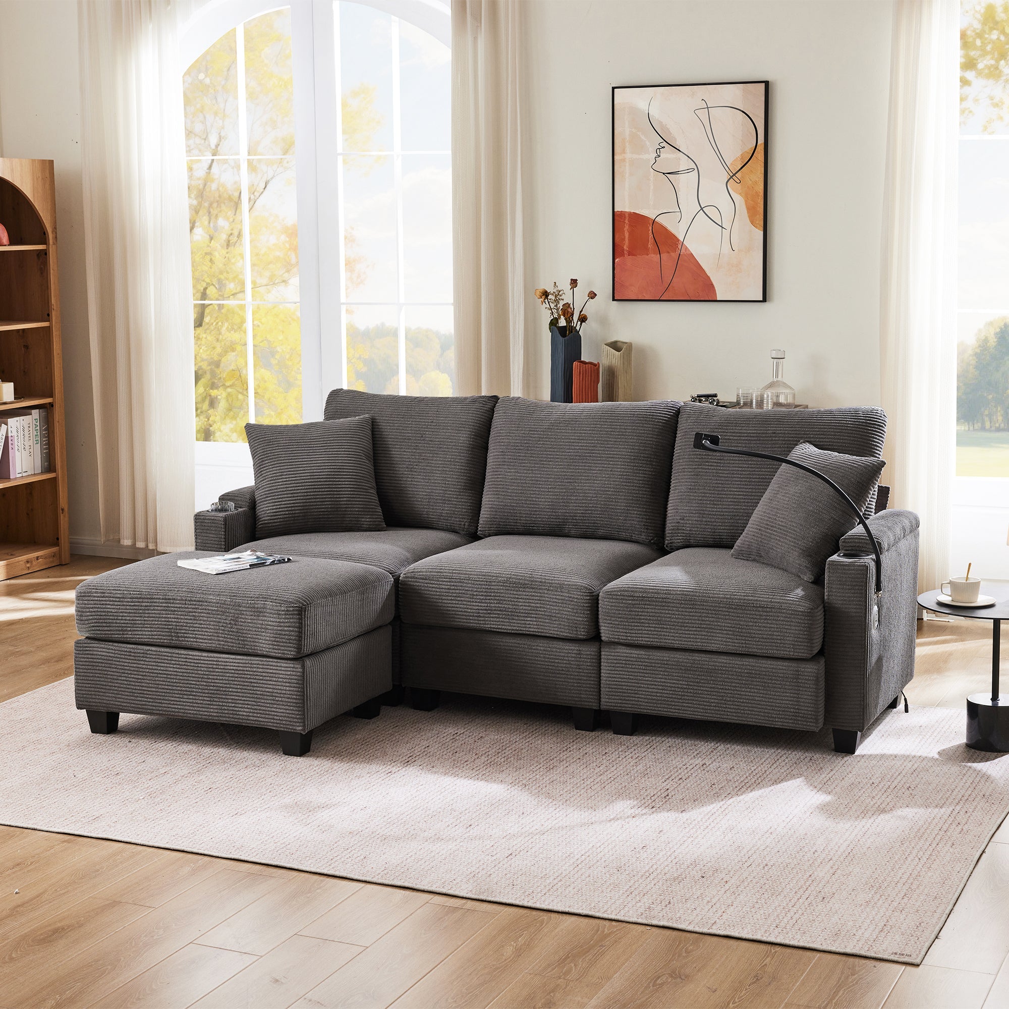 Logidon L-vorm Hoekbank Donkergrijs Corduroy Met USB-oplader