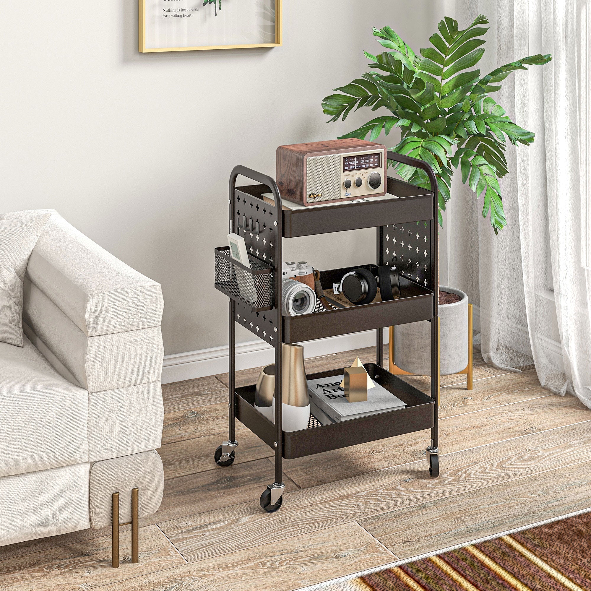 Logidon trolley serveerwagen zwart staal 3 niveaus 53,5x30,5x75 cm