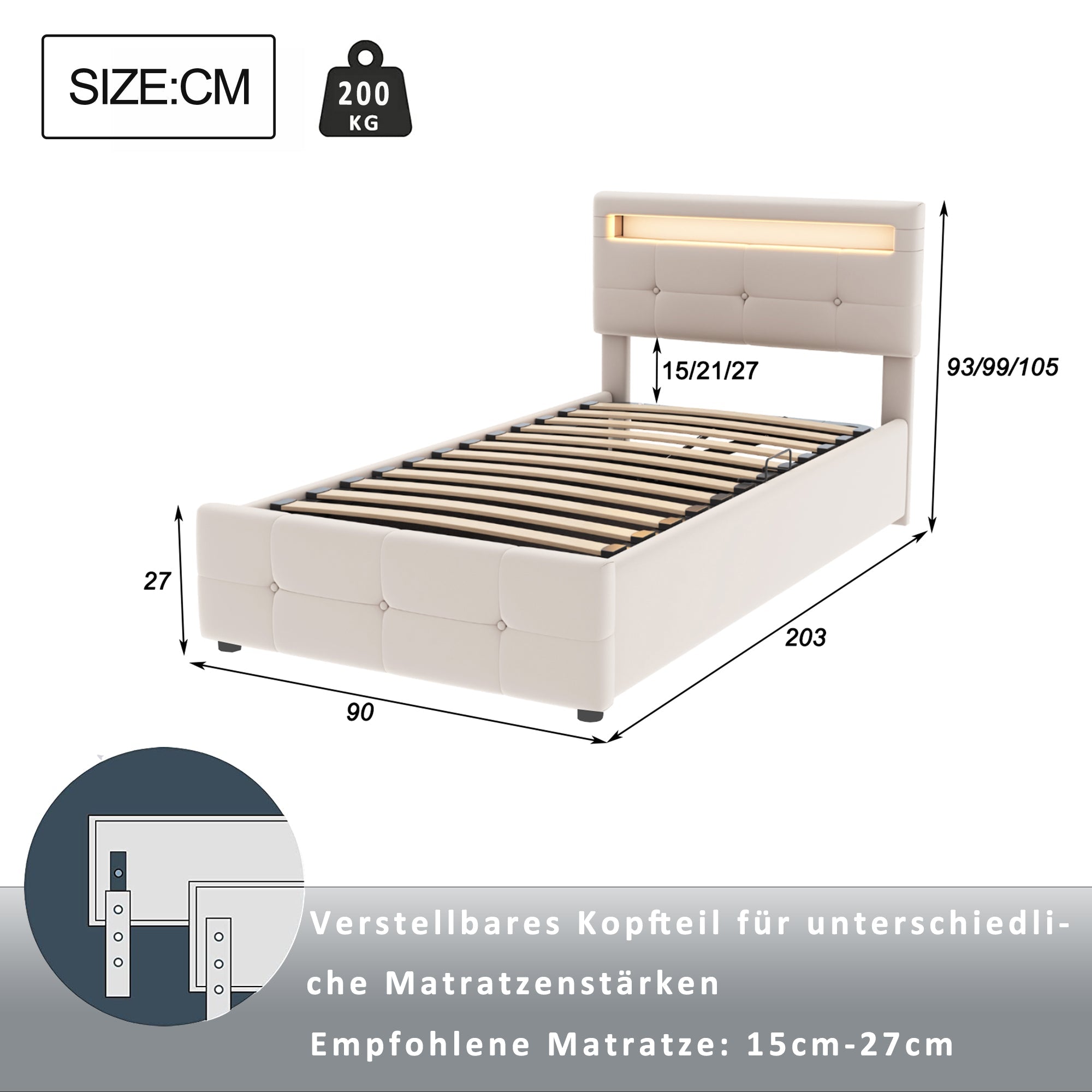 Logidon kinderbed 90x200 cm met LED verlichting beige fluweel