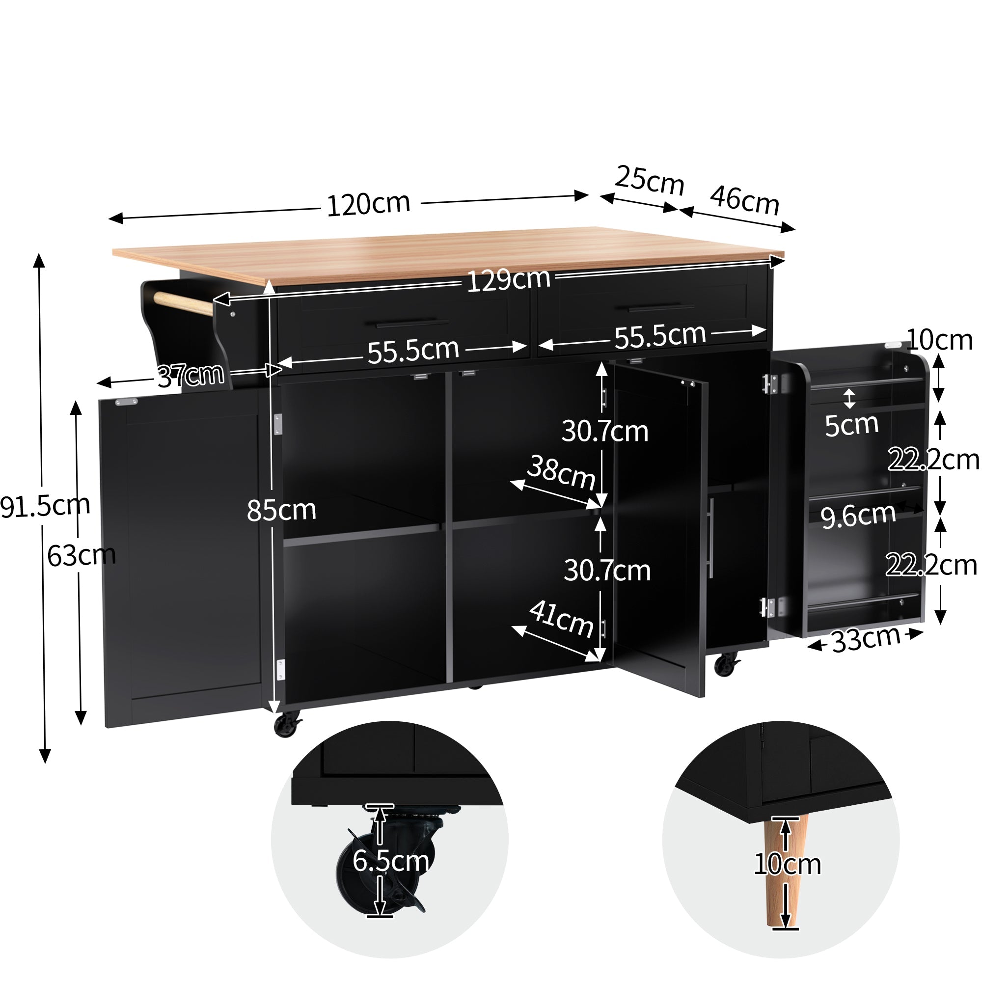 Logidon dining room trolley black 129x46x91.5 cm folding worktop