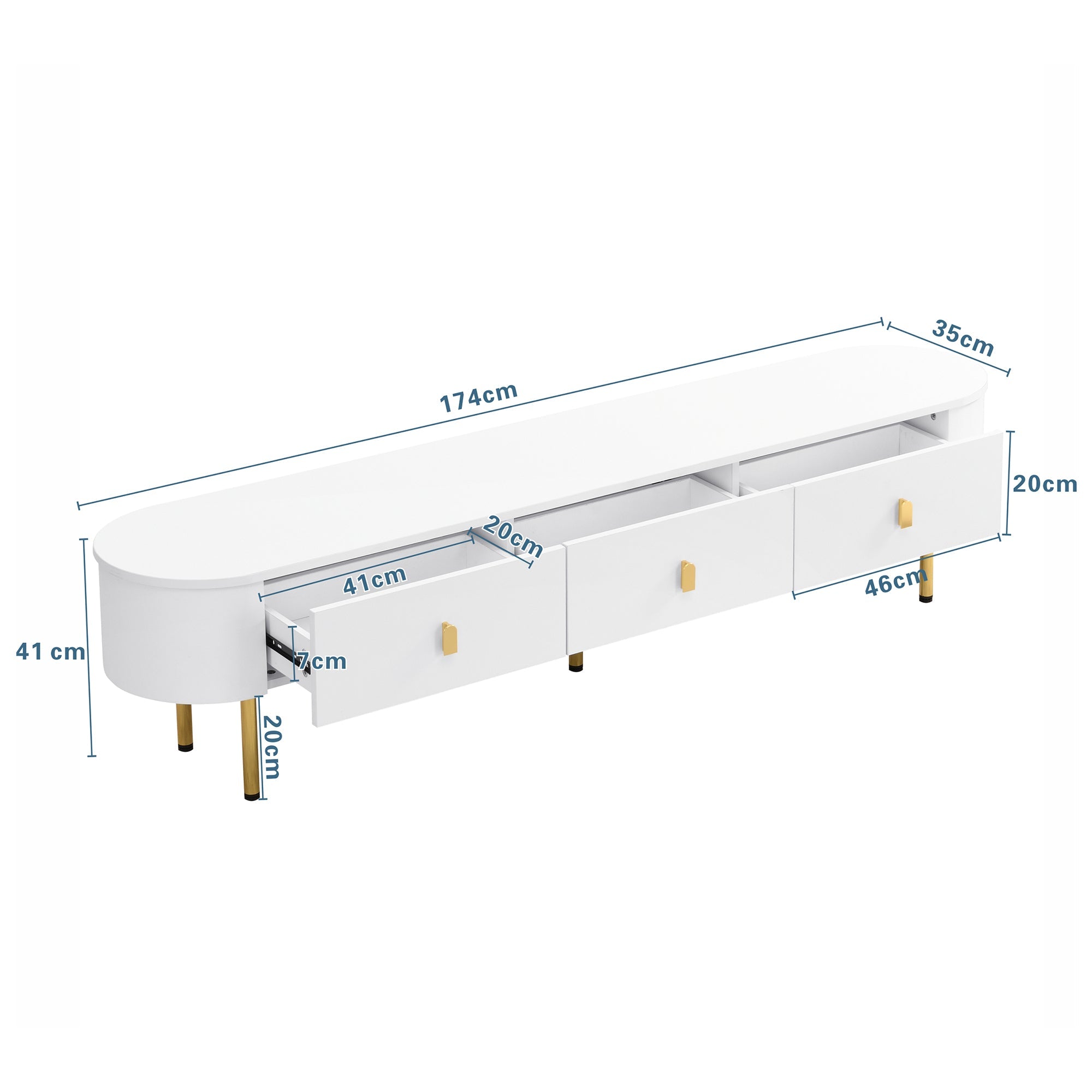 Logidon lowboard tv-meubel 174 cm wit glanzend met gouden handgrepen