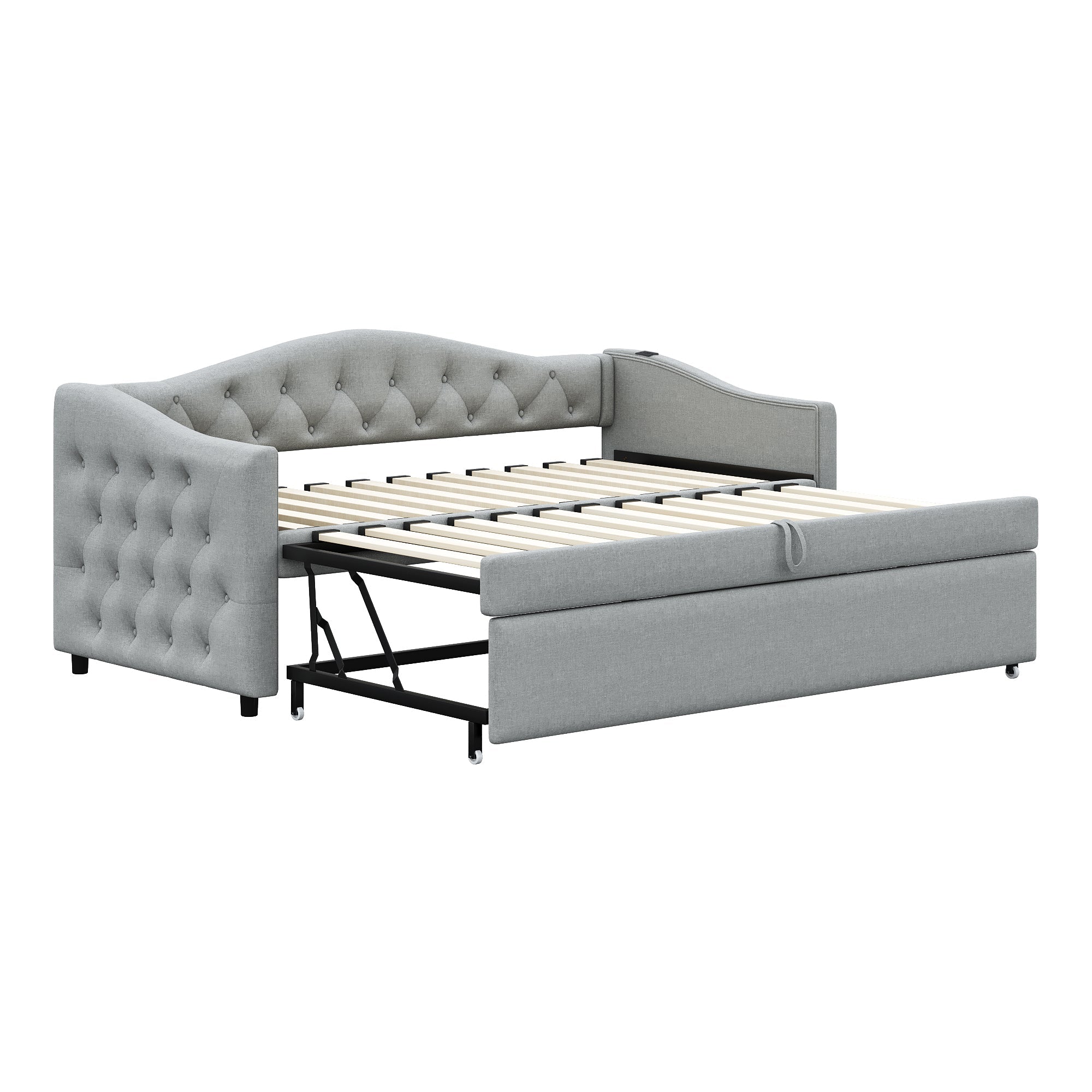 Logidon Upholstered Bed Extendable Sofa Bed 90x200 Gray Linen Fabric USB