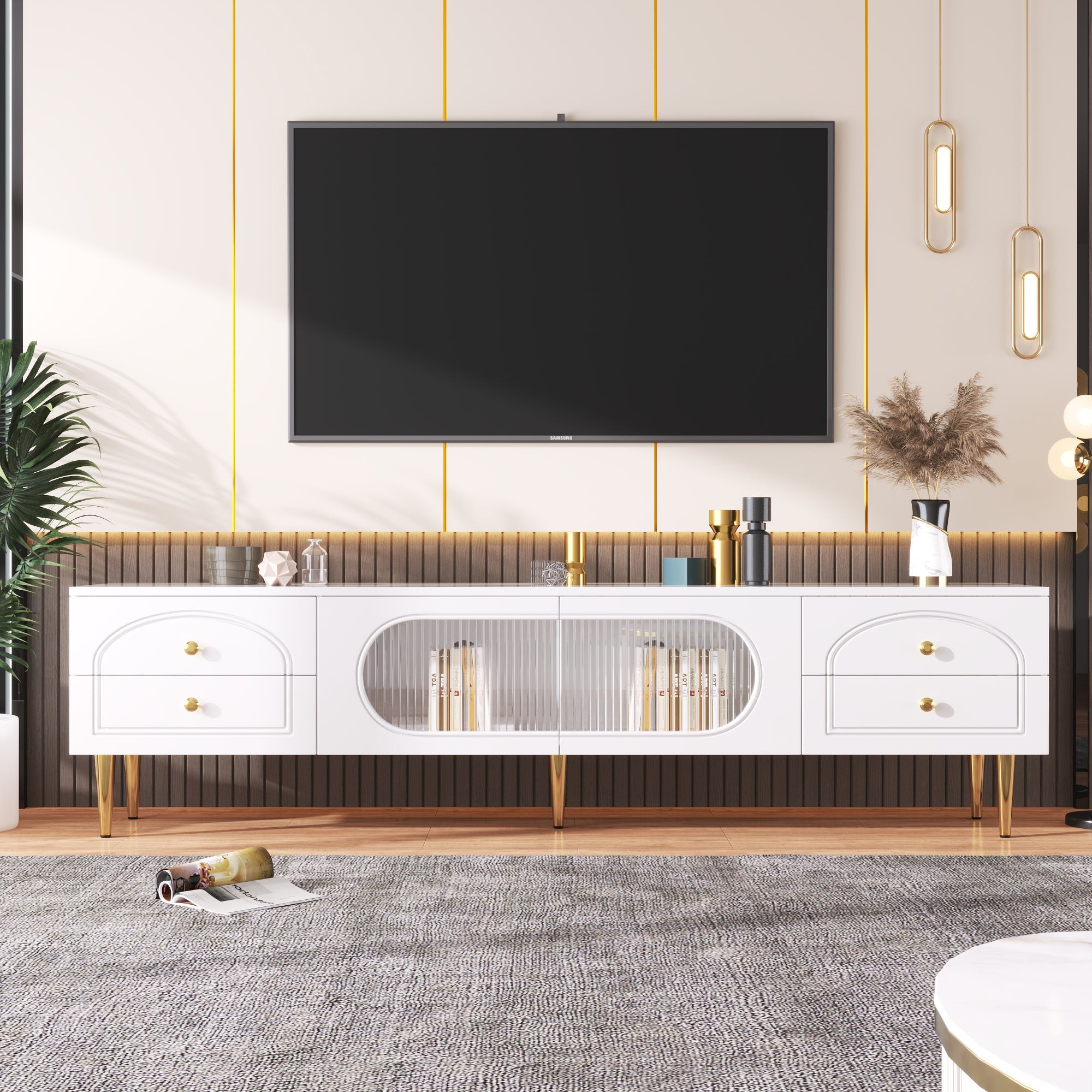 Logidon TV cabinet white with gold handles and feet 175 cm