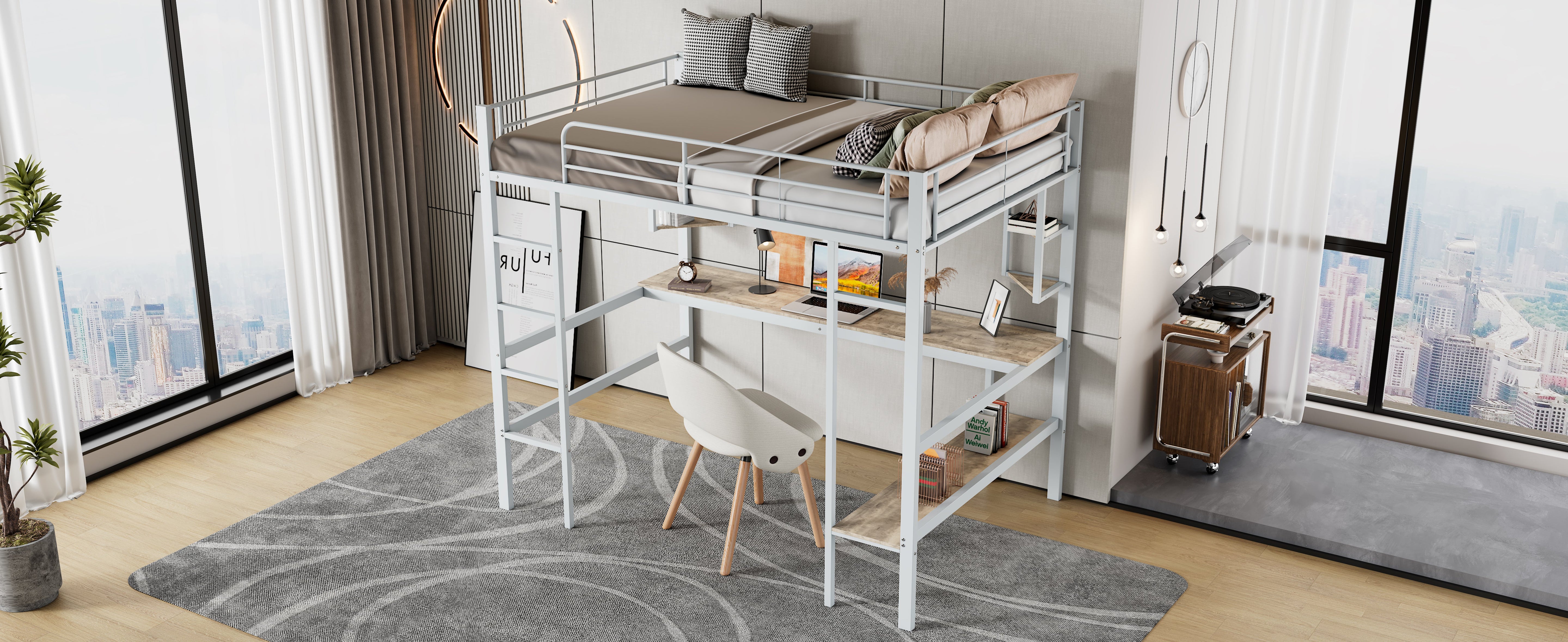 Logidon 90x200cm metal bed loft bed with desk and shelves white