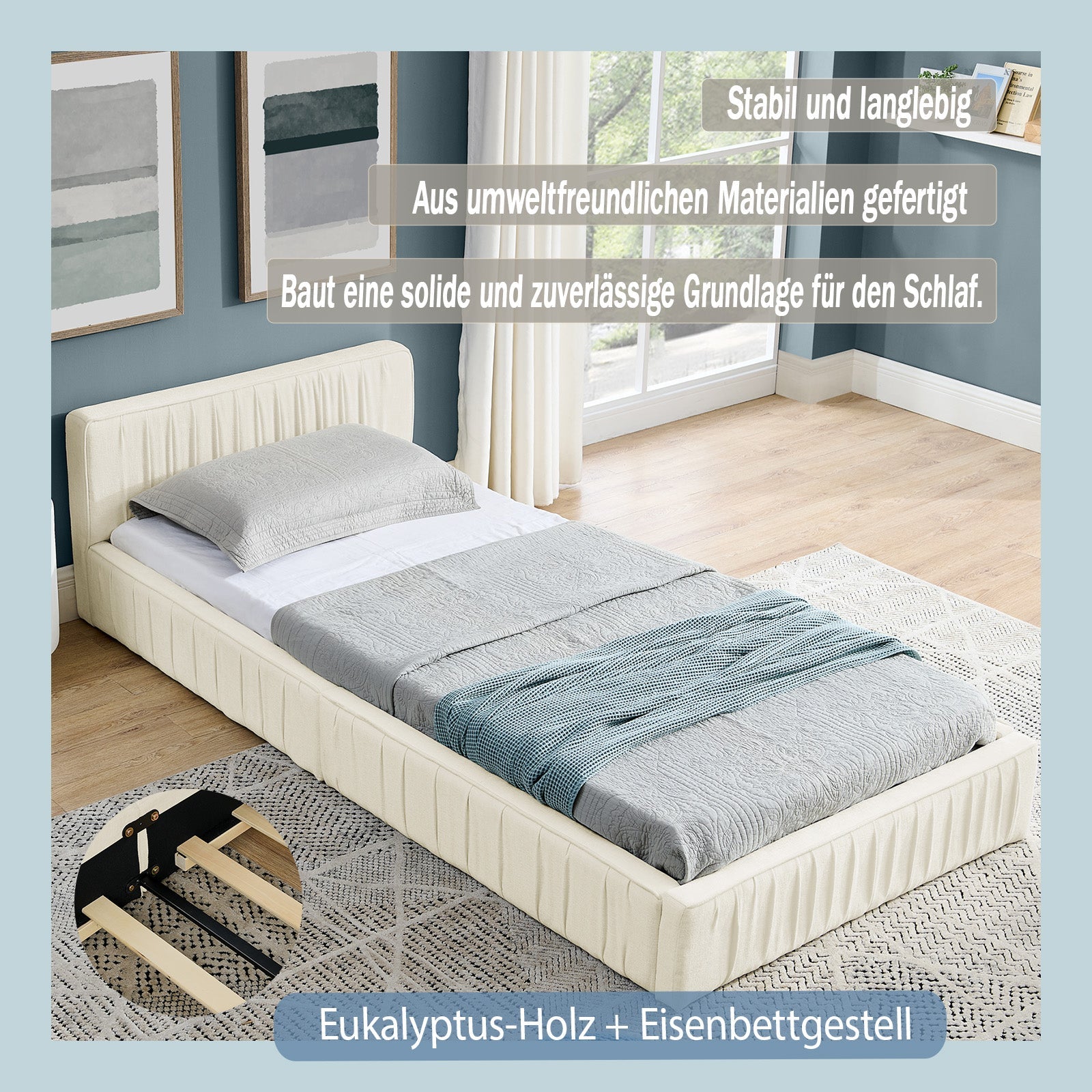 Logidon eenpersoonsbed 90x200cm chenille beige eucalyptushout ijzeren frame