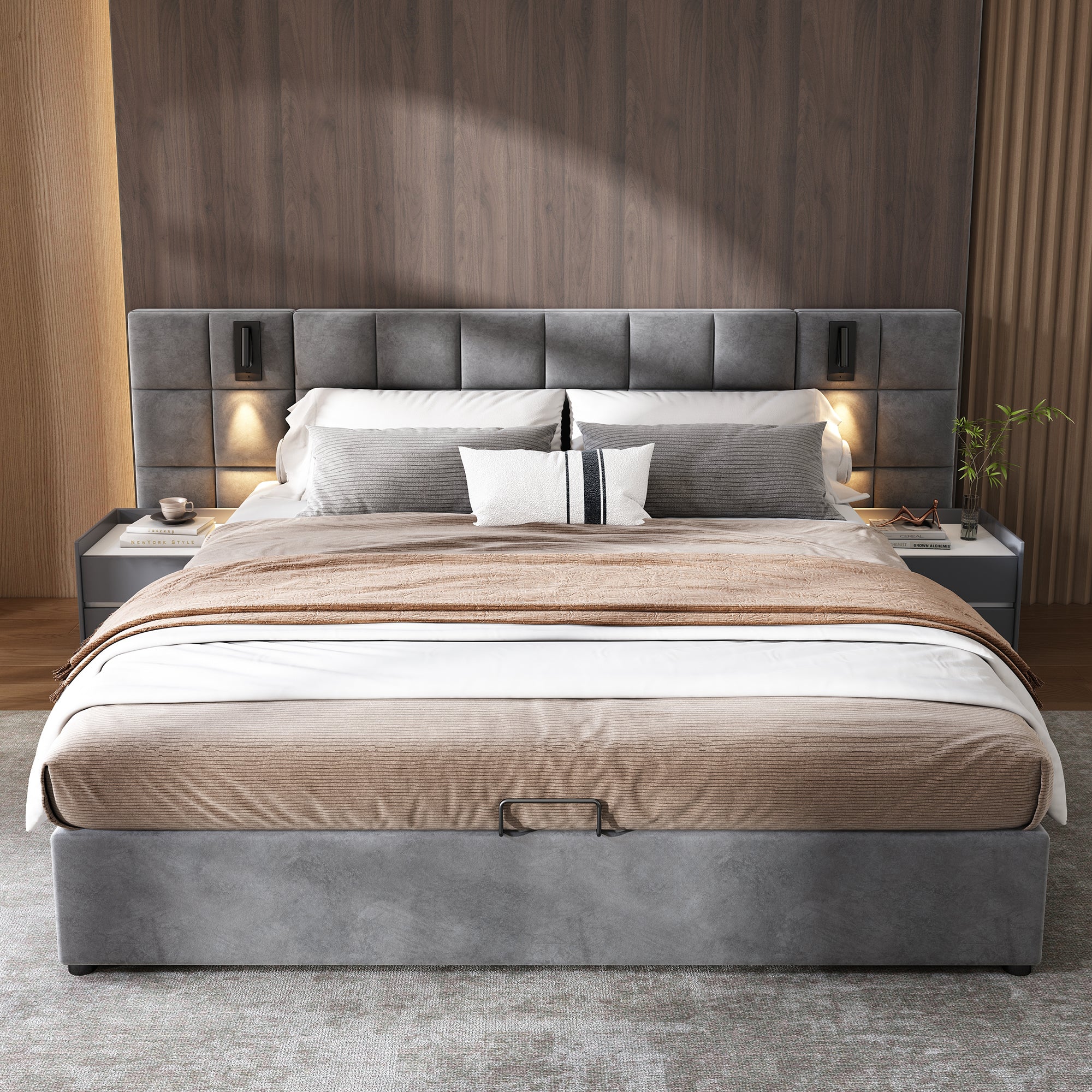 Logidon gestoffeerd bed 140x200 grijs hydraulische opbergruimte USB-leeslamp