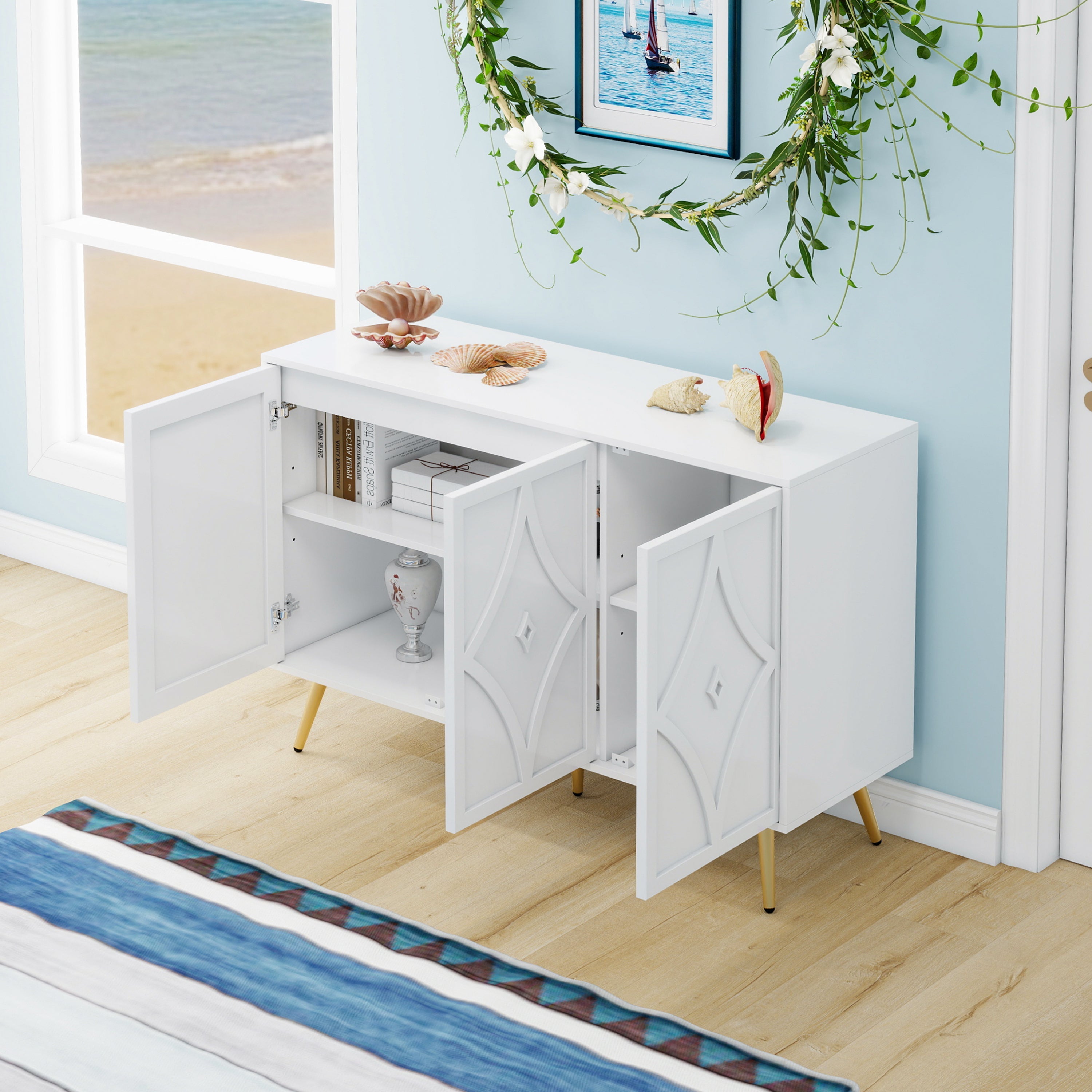 Logidon dressoir 3 deuren wit met 3D-snijpatroon en gouden poten