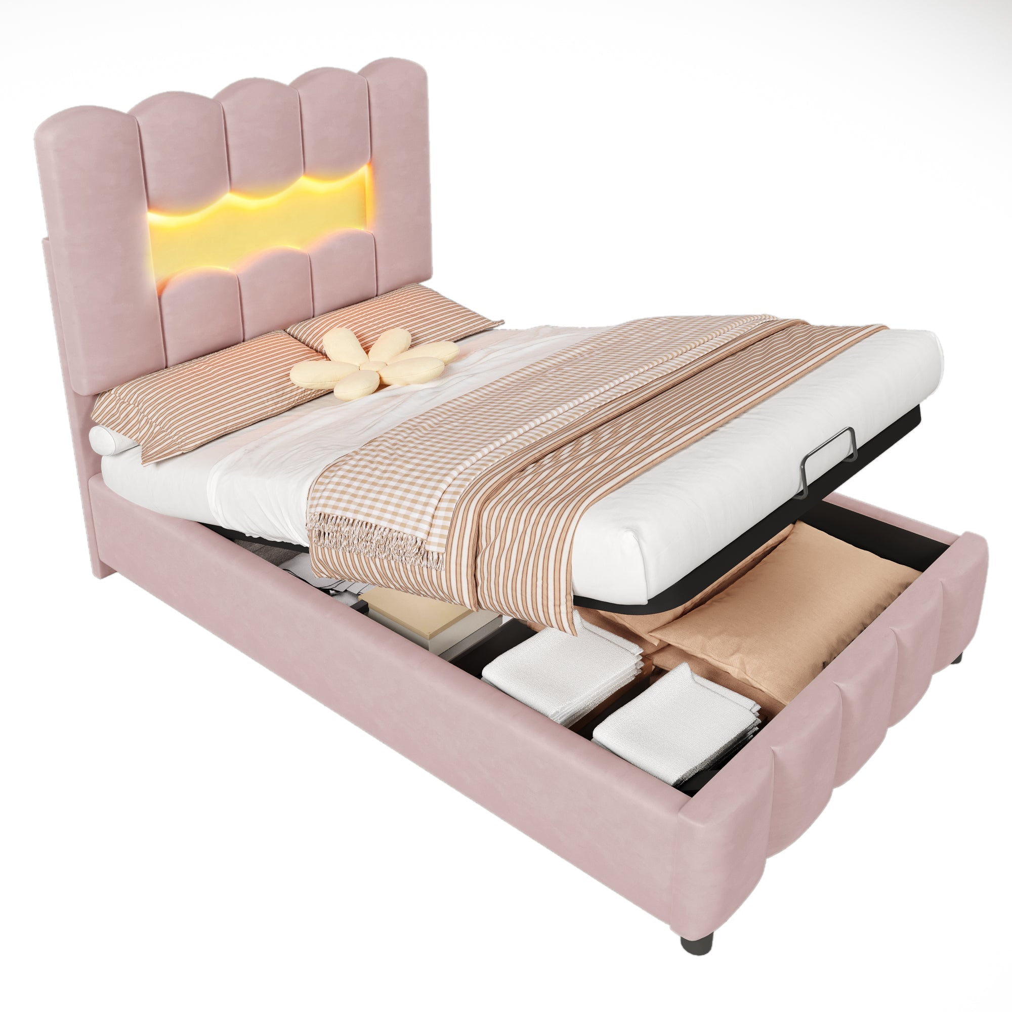 Logidon upholstered bed 90x200 pink velvet LED lighting hydraulic