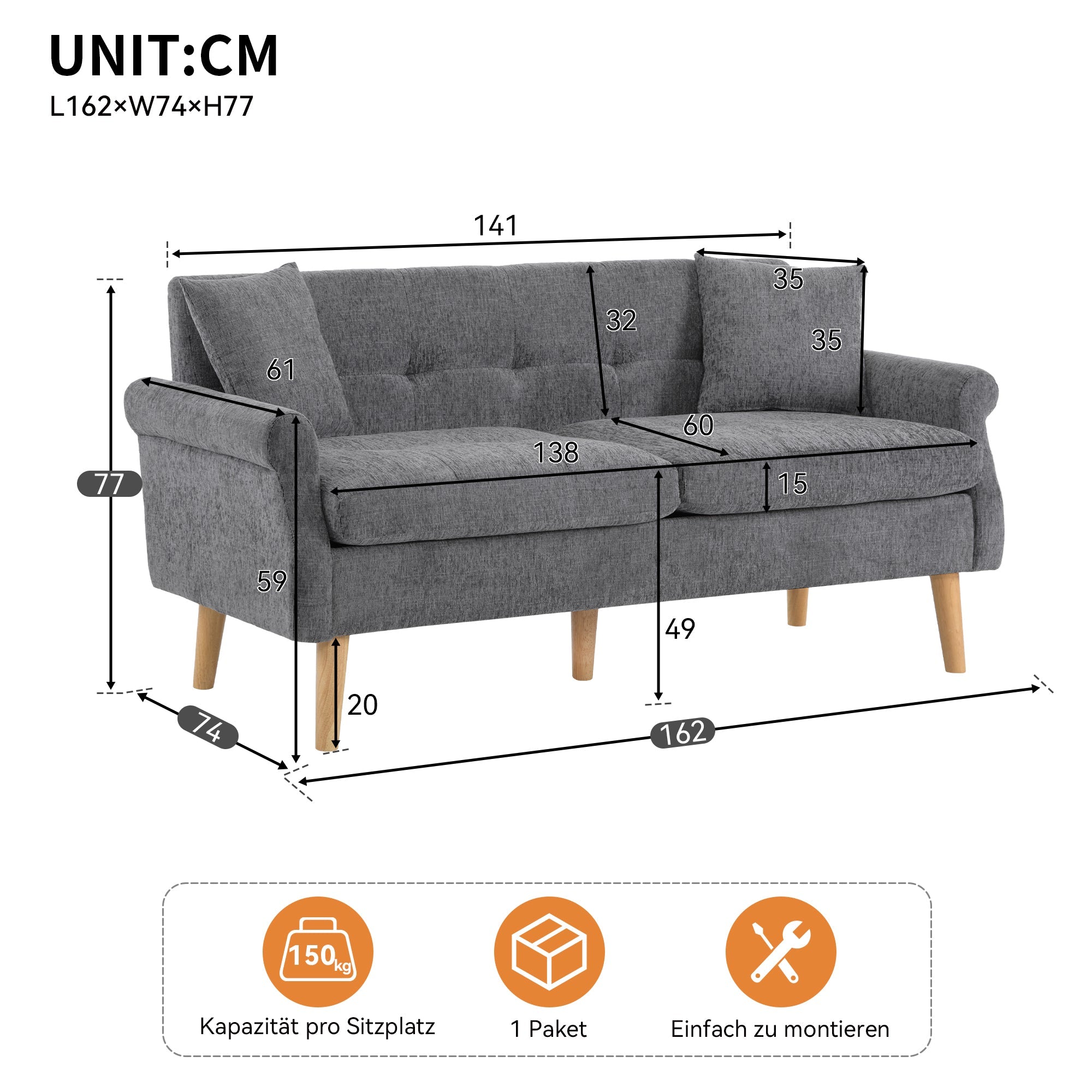 Logidon Modern Design Bank Grijze Chenille Stof 2 Zits 162 cm