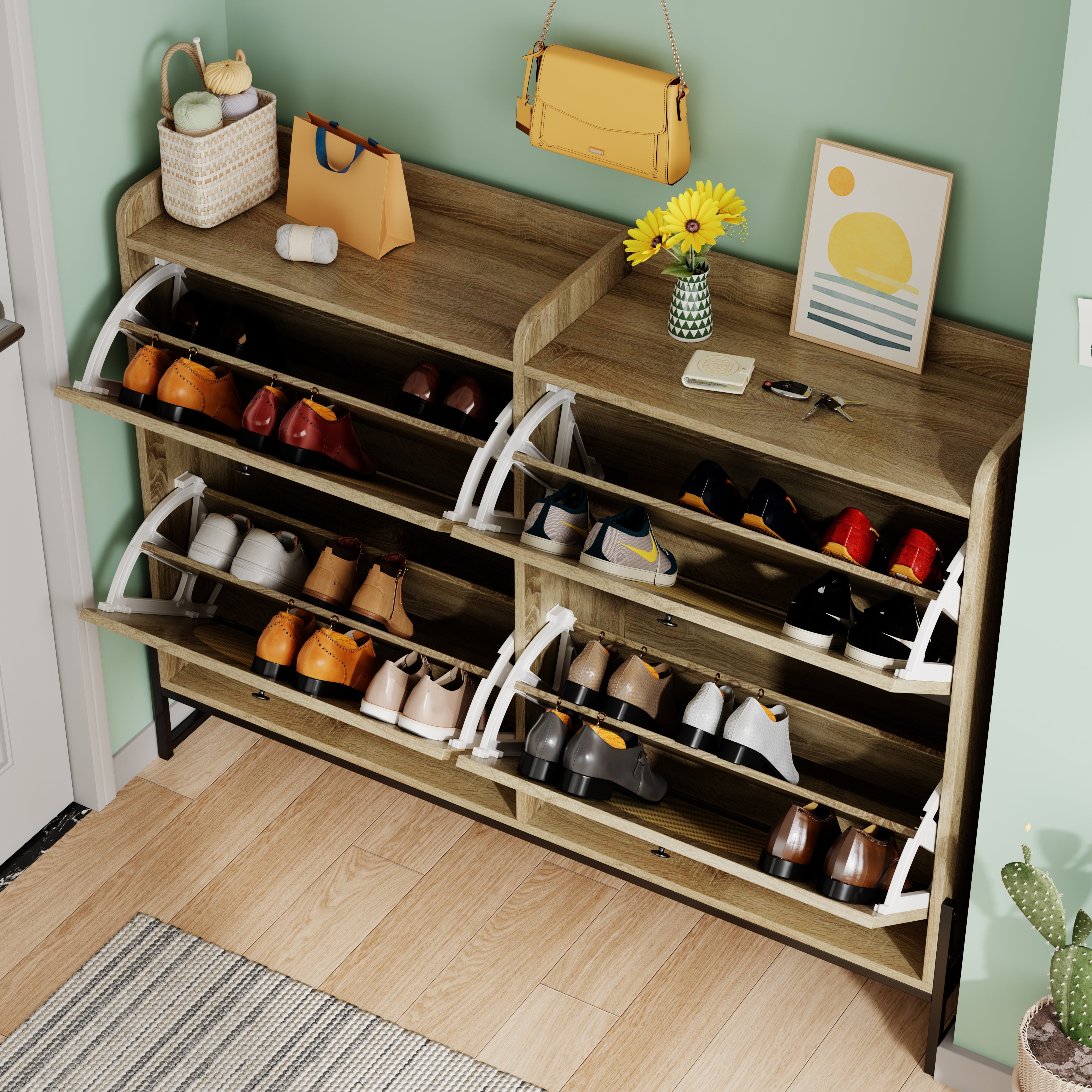 Logidon shoe cabinet narrow 4 flaps natural color 118 cm