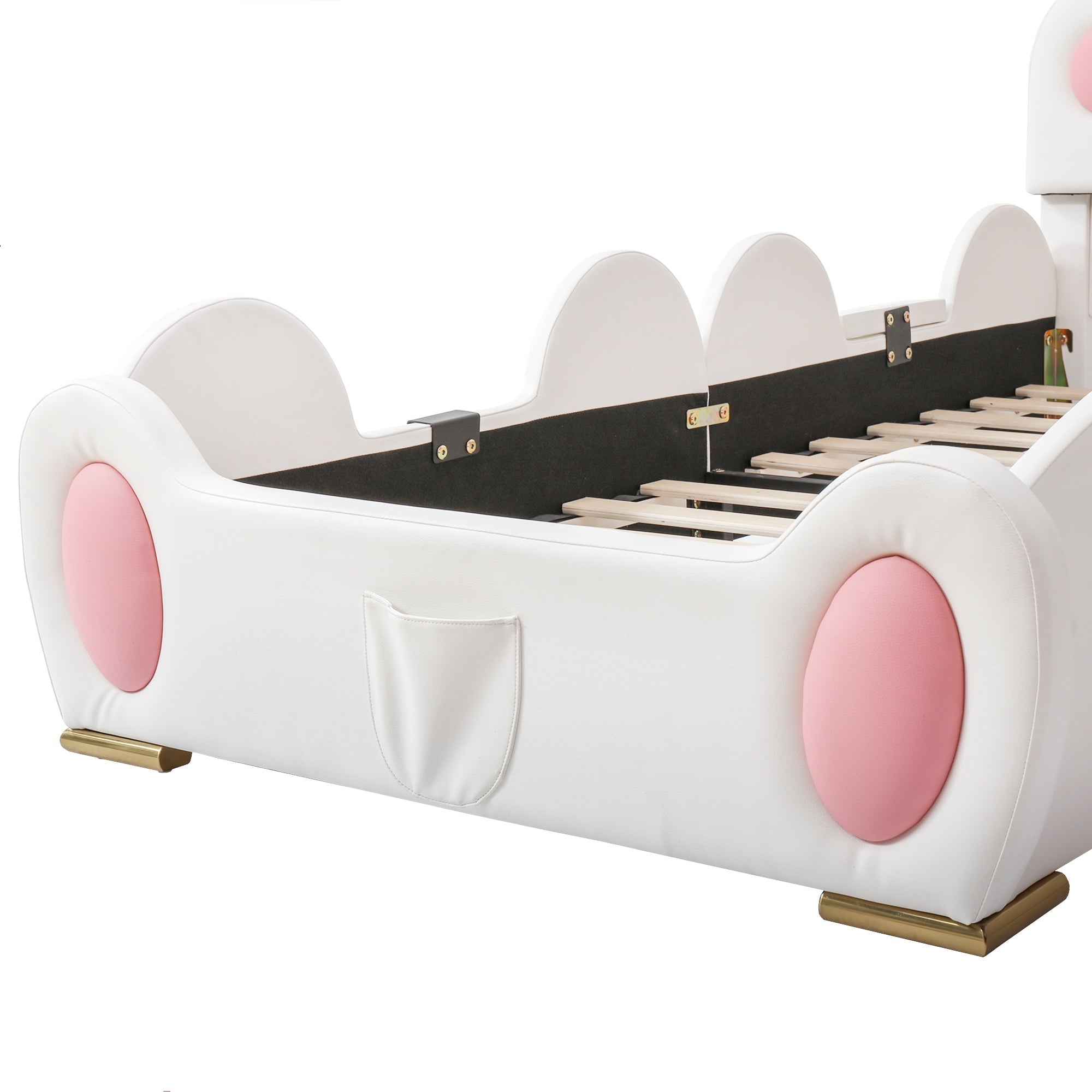 Logidon gestoffeerd bed 90x200 cm wit roze met kattenpoot hoofdeinde