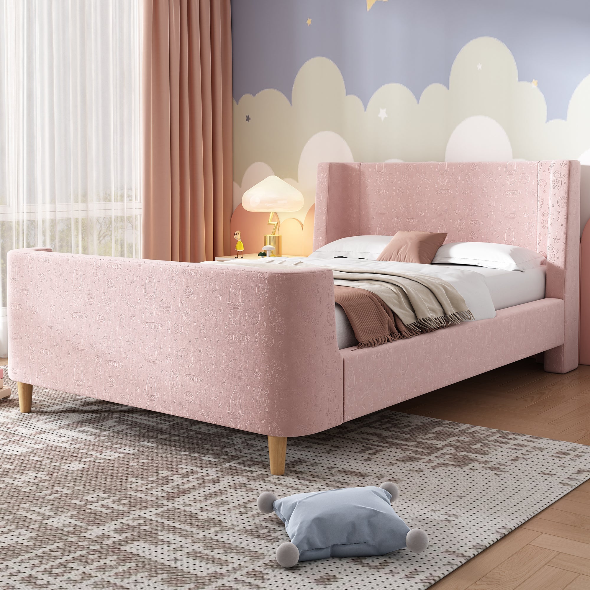Logidon kinderbed gestoffeerd bed 90x200 roze fluweel sleebed Kosmos