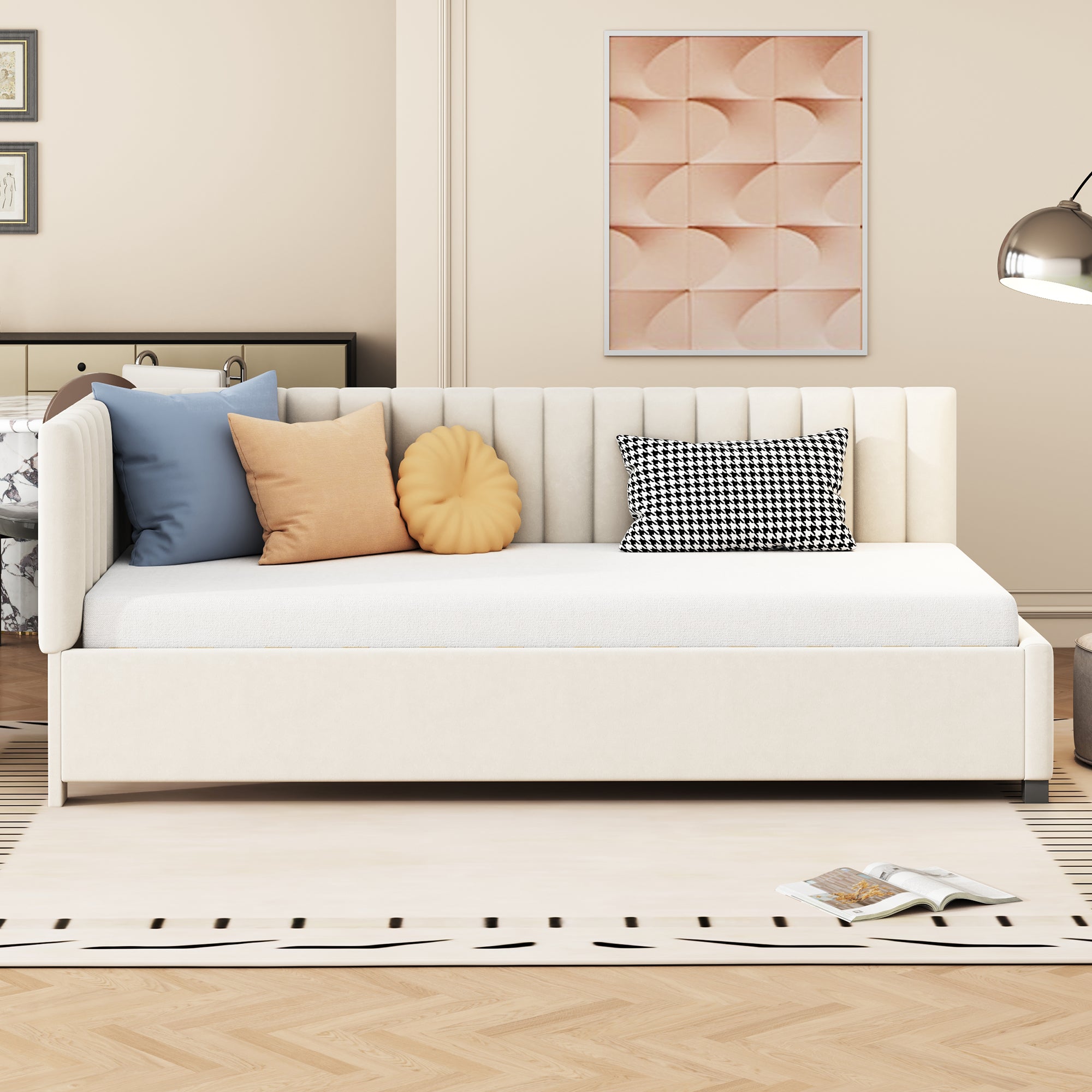 Logidon upholstered bed 90x200 multifunctional bed with slatted frame beige velvet
