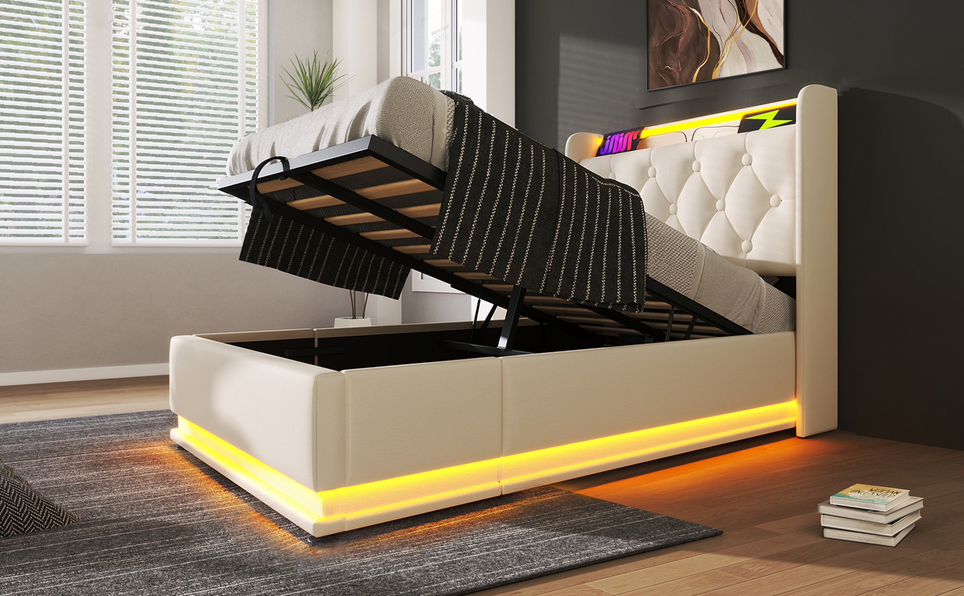 Logidon gestoffeerd bed 90x200 cm wit PU LED USB TypeC oplaadfunctie