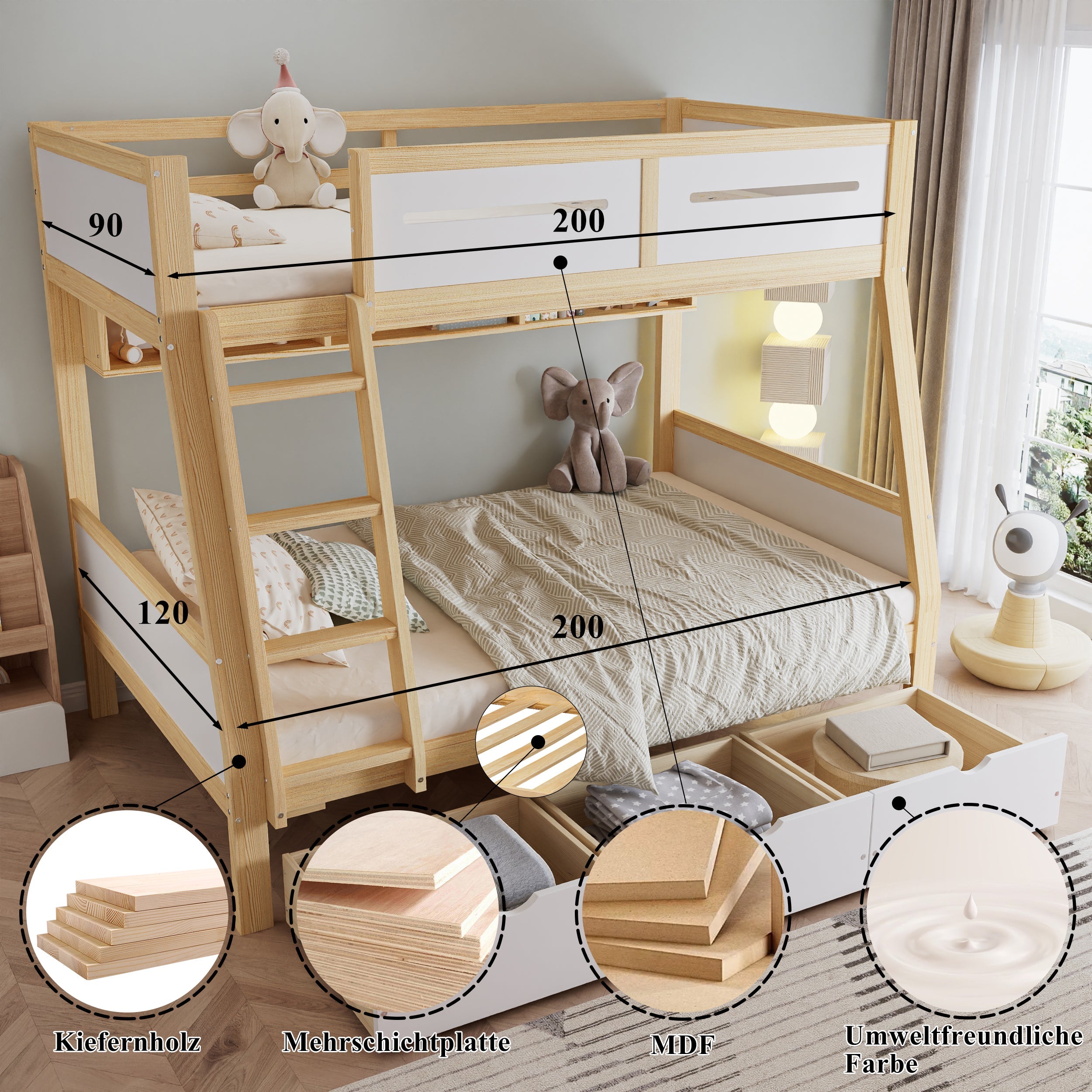 Logidon stapelbed met drie lades wit naturel 90x200 120x200