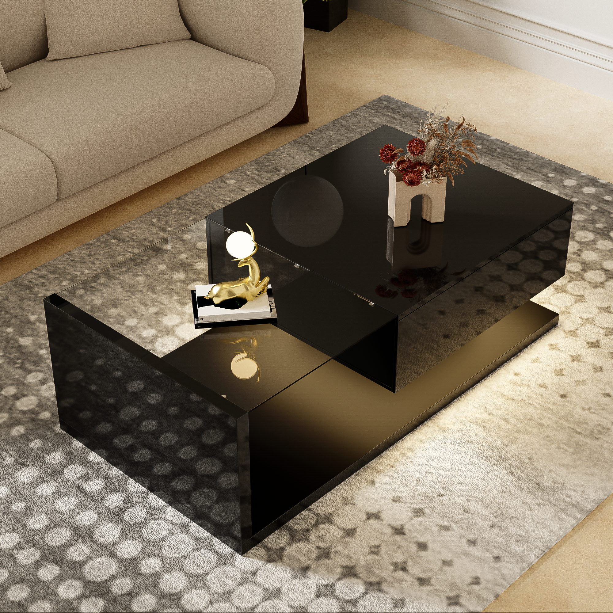Logidon salontafel hoogglans zwart met glas en LED effect 105 cm