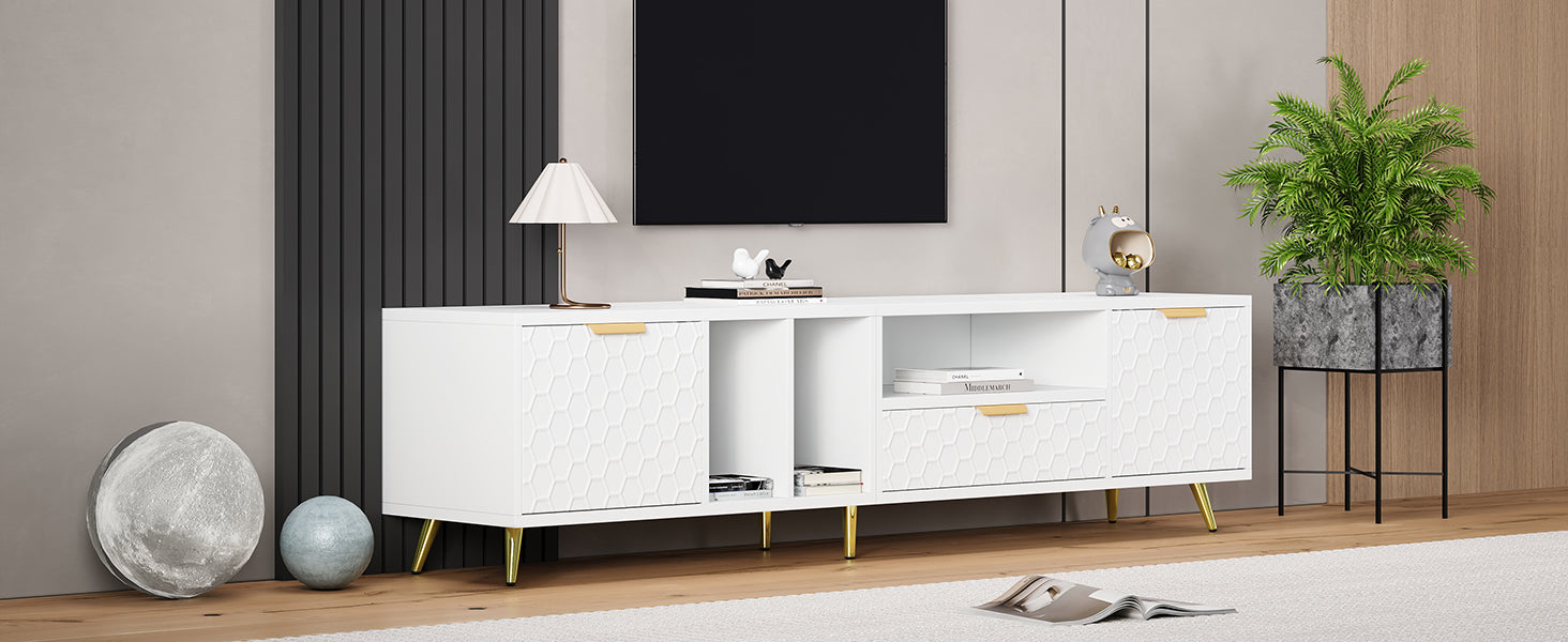 Logidon White TV Stand with Honeycomb Pattern and Storage Space for up to 80 Inches