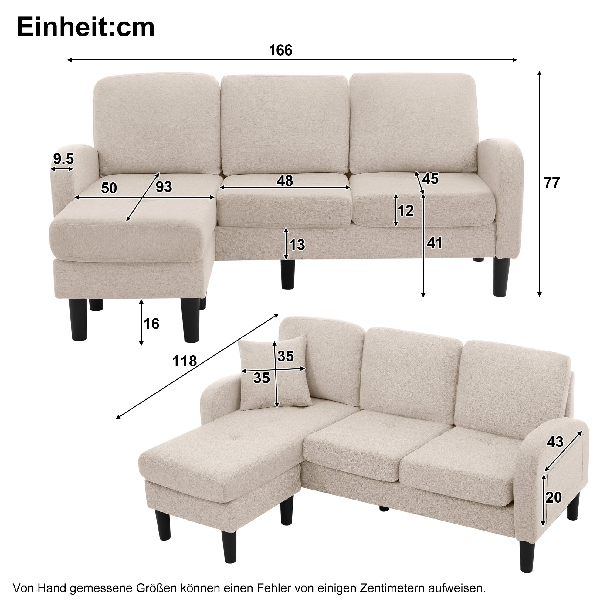 Logidon L hoekbank met chaise longue 3-zits beige 166x118x77 cm
